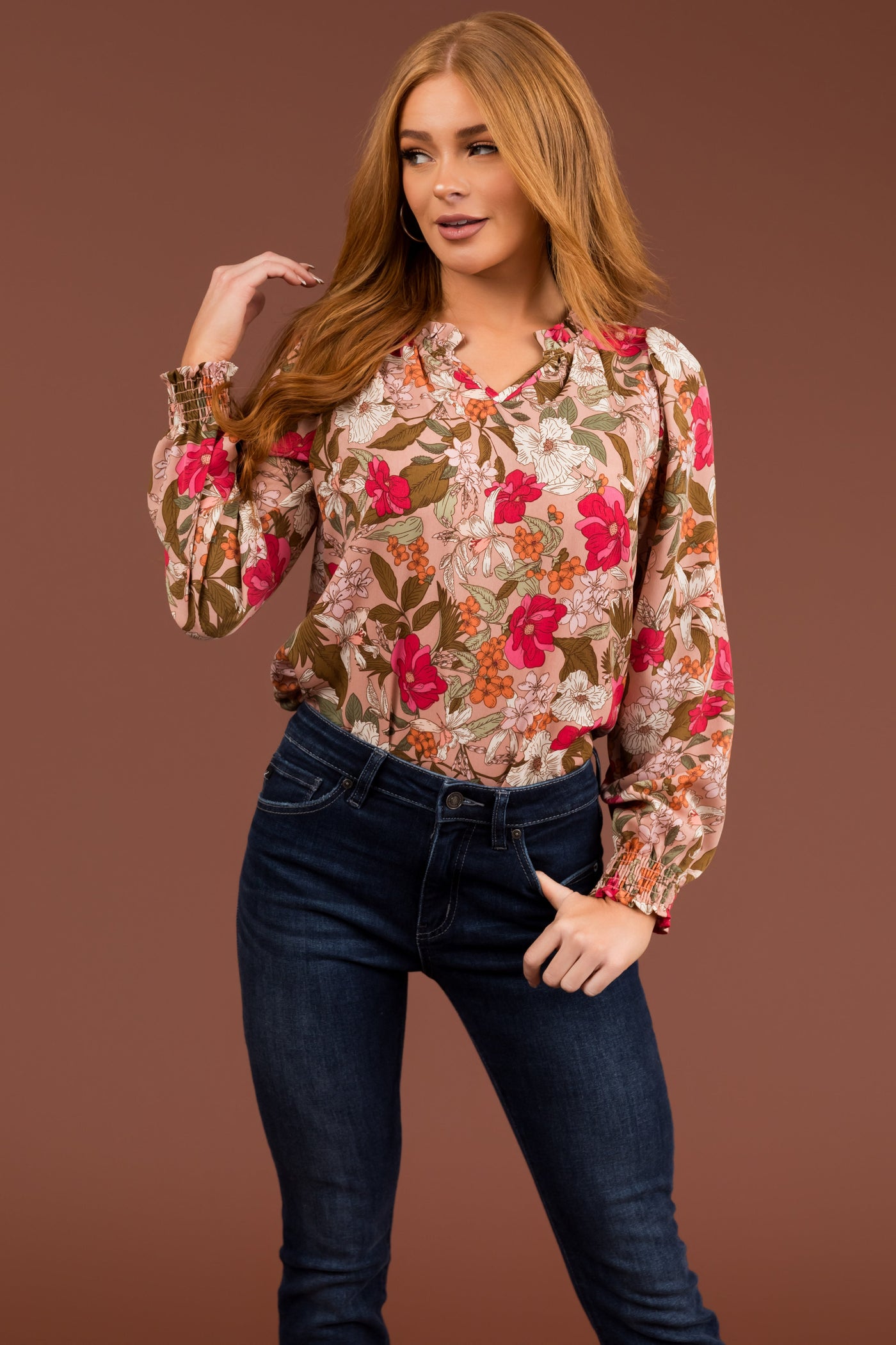 Dusty Blush Floral Print Long Smocked Sleeve Blouse