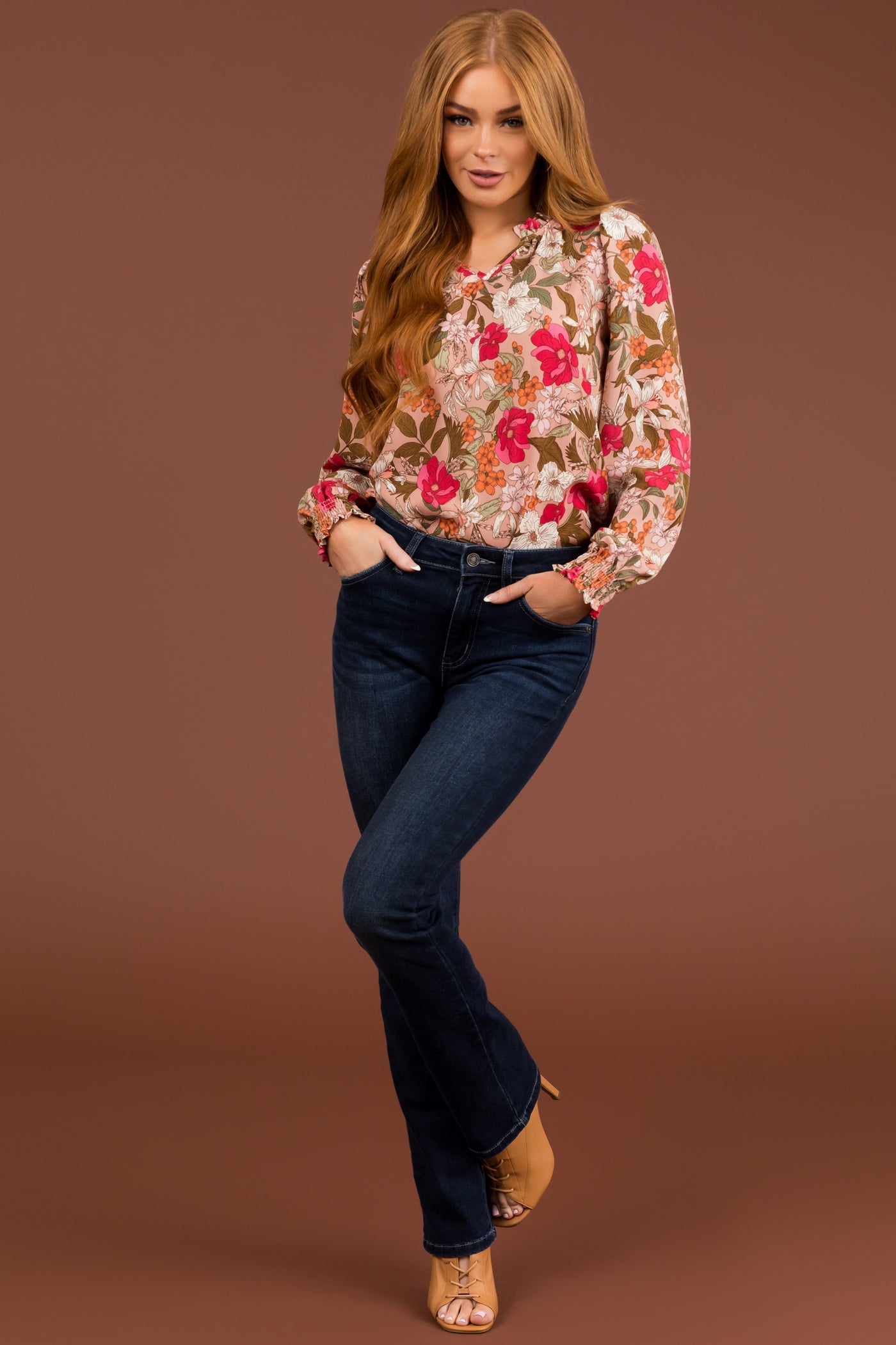 Dusty Blush Floral Print Long Smocked Sleeve Blouse