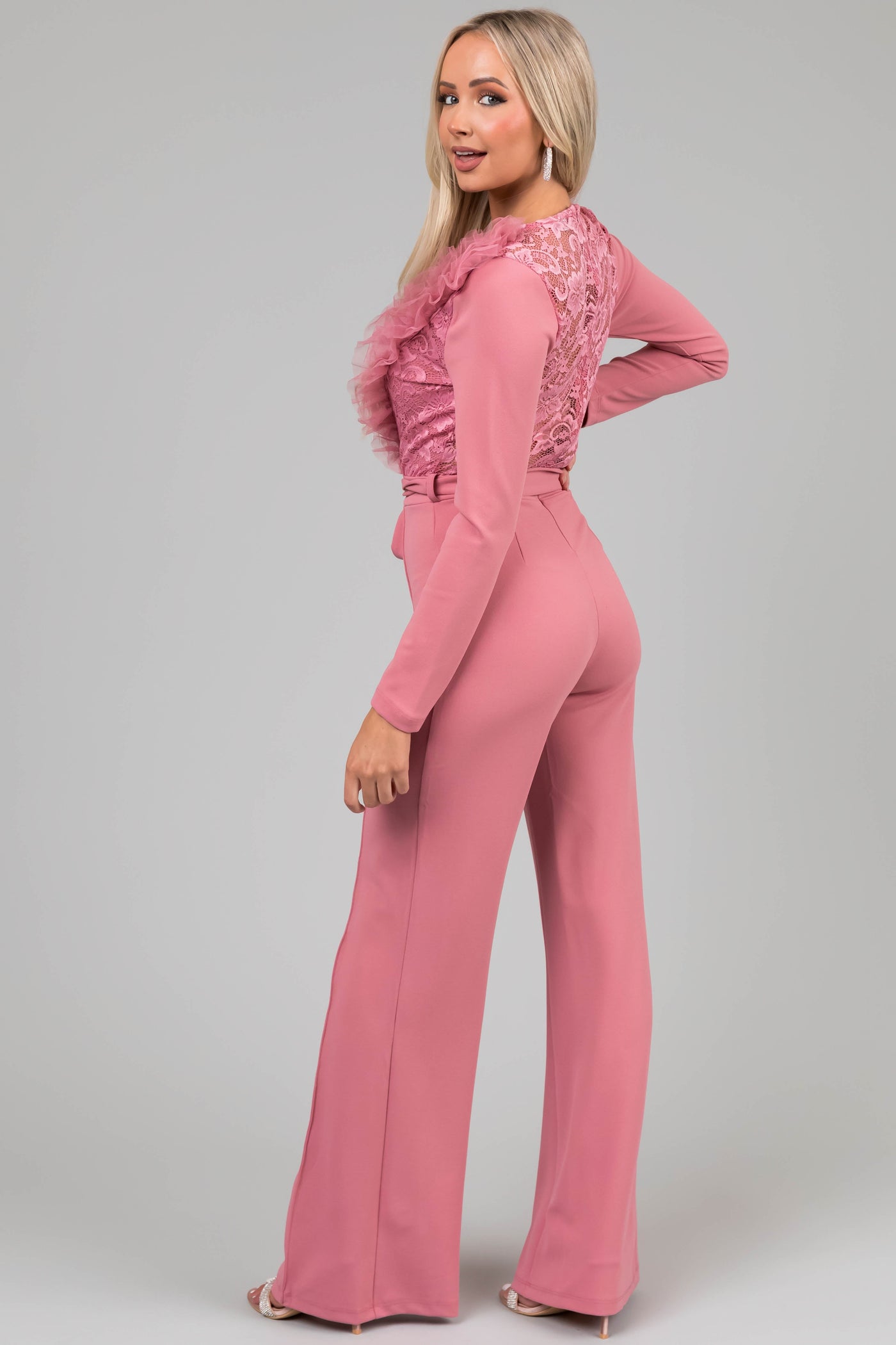 Dusty Blush Ruffle Neckline Floral Lace Jumpsuit