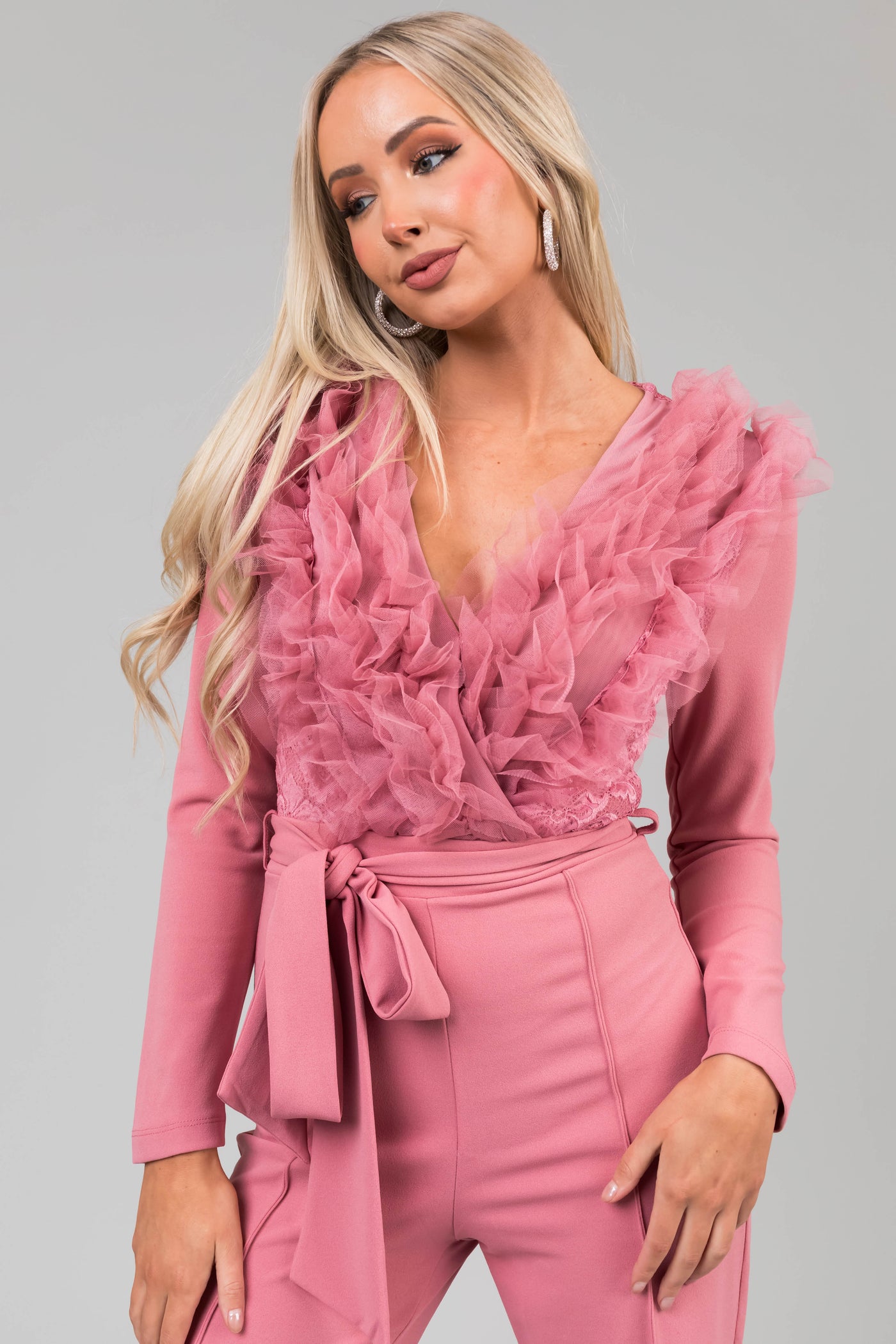 Dusty Blush Ruffle Neckline Floral Lace Jumpsuit