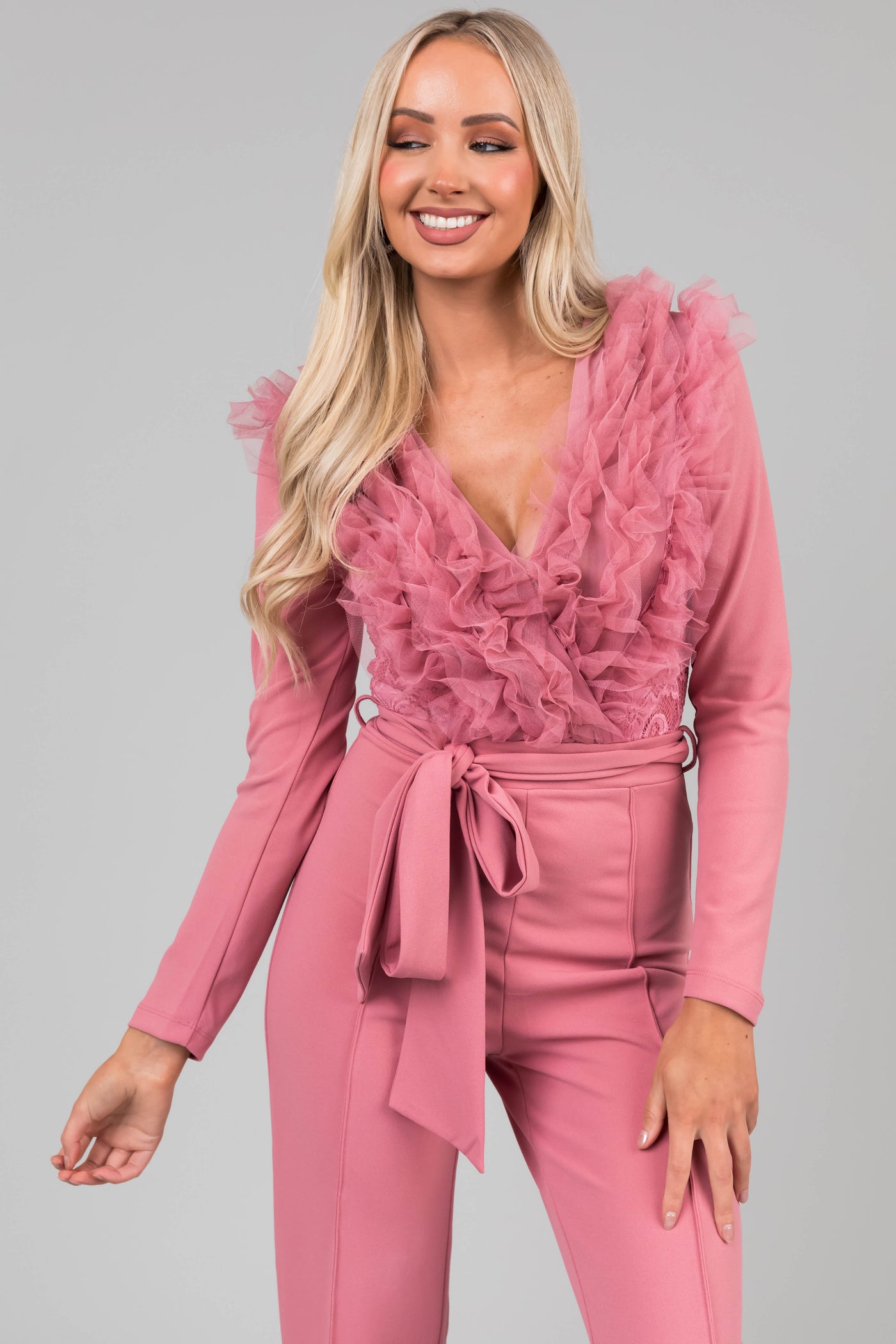 Dusty Blush Ruffle Neckline Floral Lace Jumpsuit