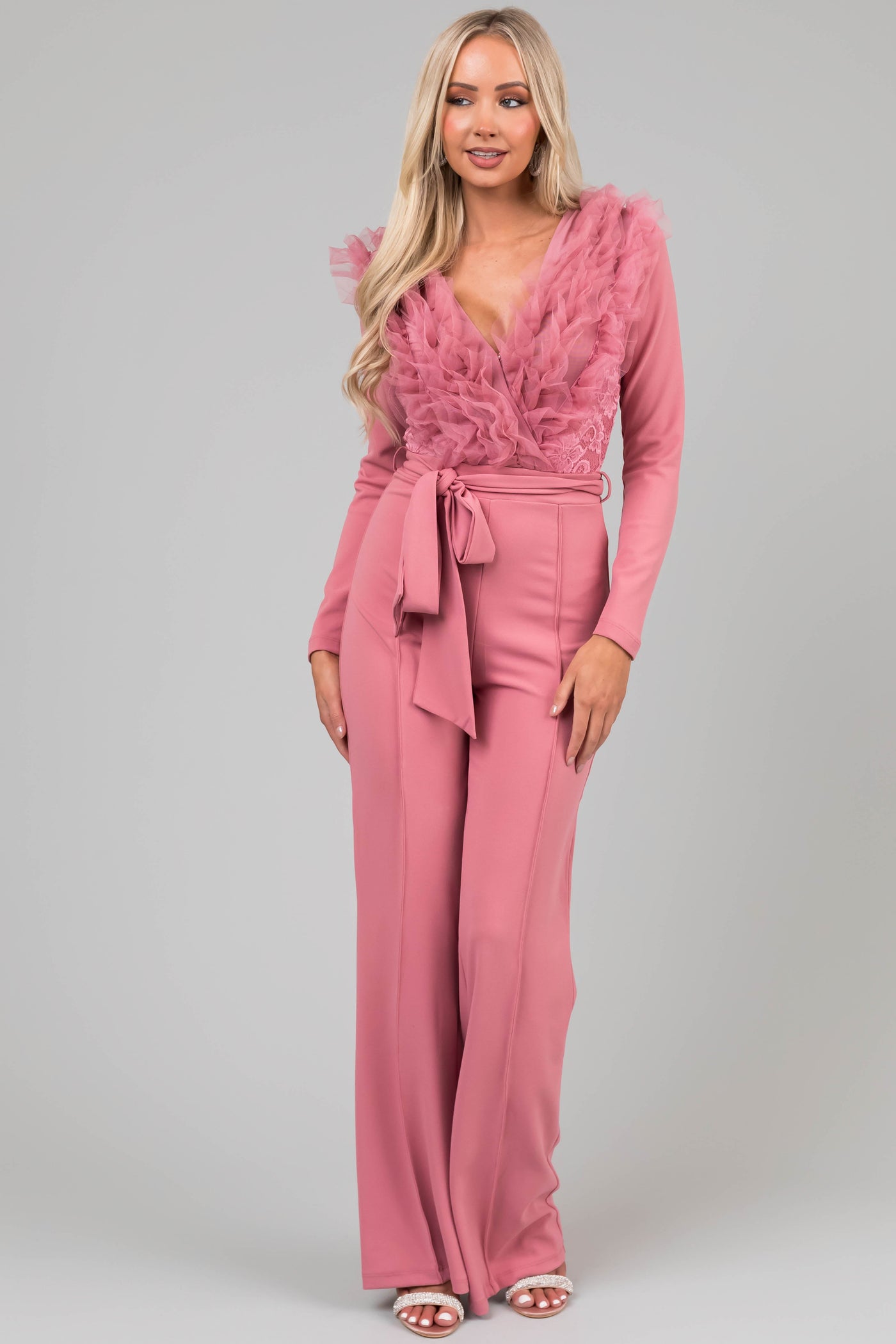 Dusty Blush Ruffle Neckline Floral Lace Jumpsuit