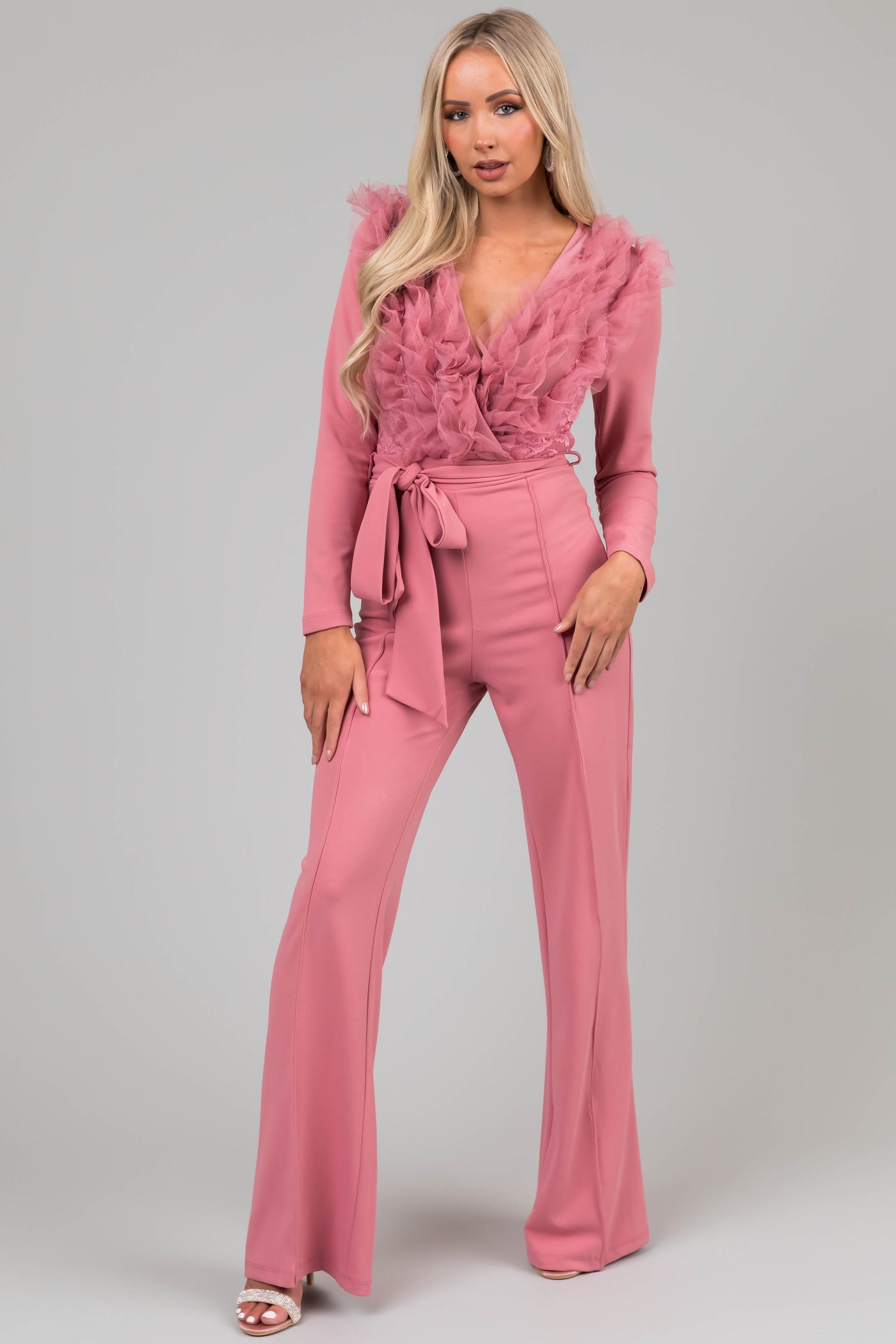 Dusty Blush Ruffle Neckline Floral Lace Jumpsuit