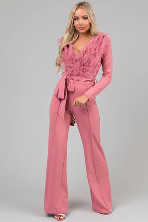 Dusty Blush Ruffle Neckline Floral Lace Jumpsuit