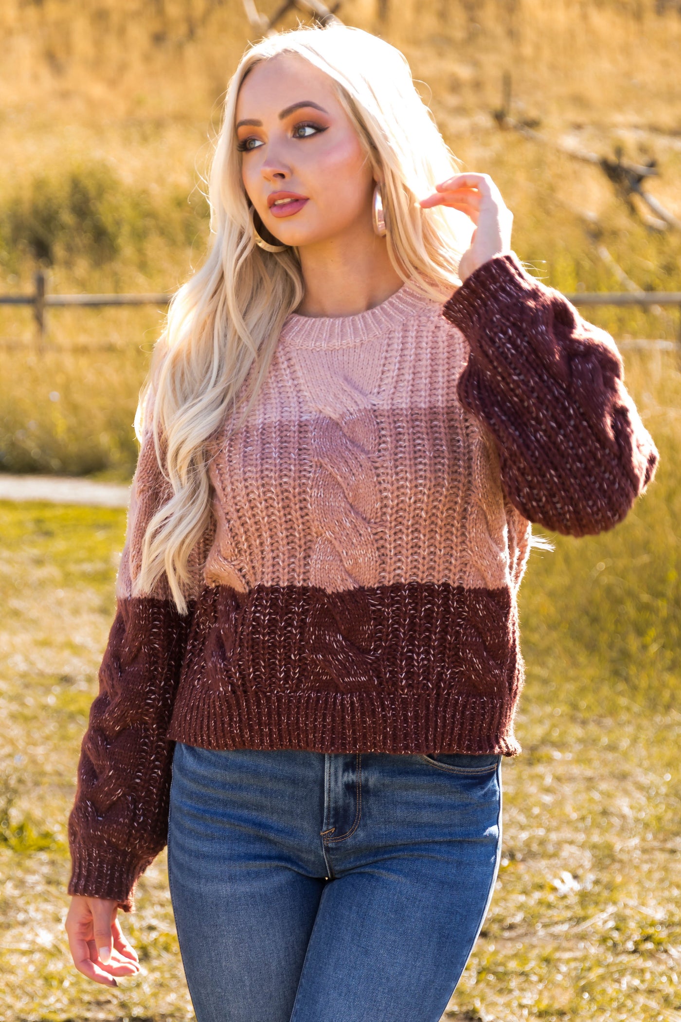 Dusty Blush and Eggplant Colorblock Sweater