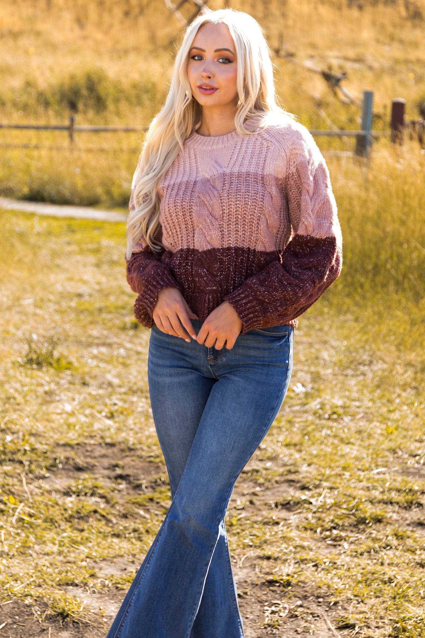 Dusty Blush and Eggplant Colorblock Sweater