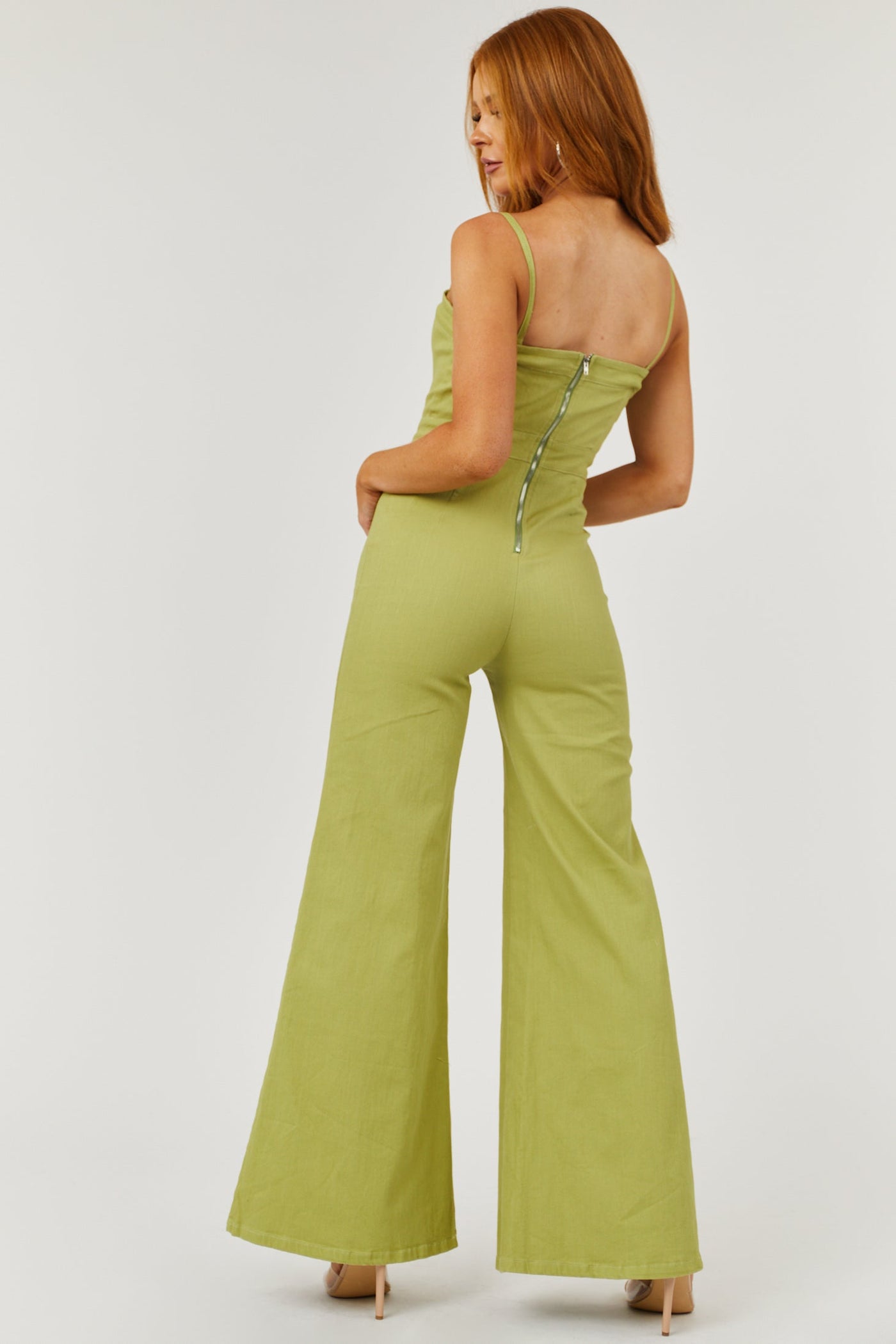 Dusty Lime Sleeveless Flare Leg Denim Jumpsuit