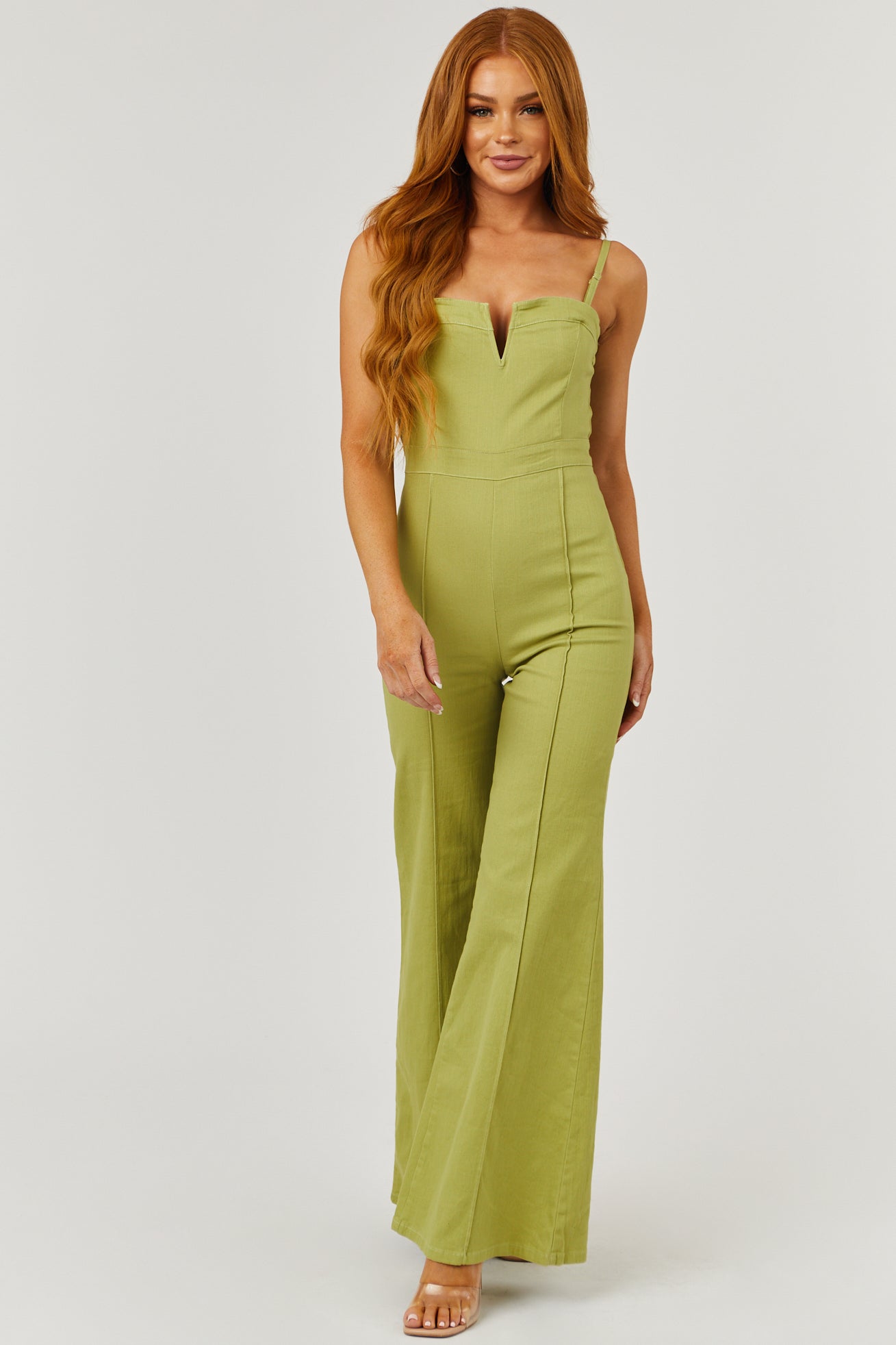 Dusty Lime Sleeveless Flare Leg Denim Jumpsuit