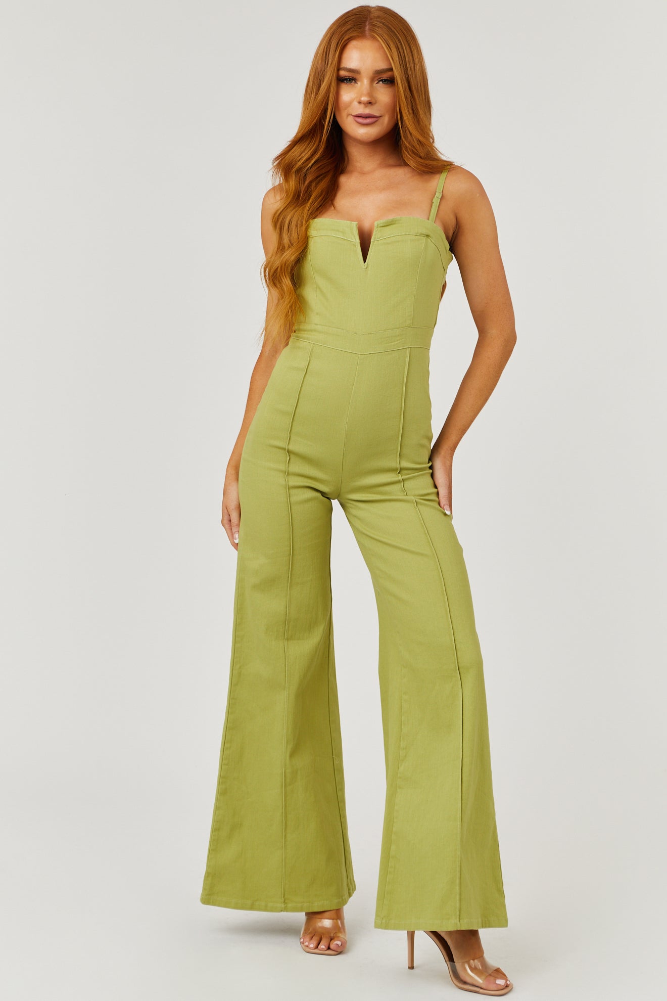 Dusty Lime Sleeveless Flare Leg Denim Jumpsuit