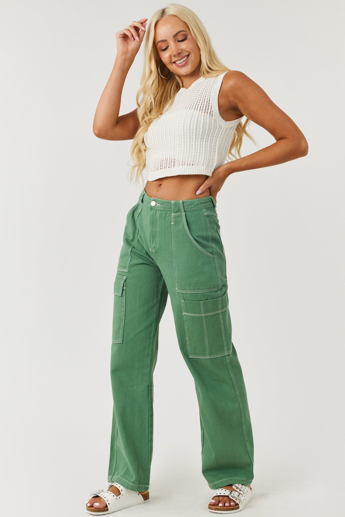 Dusty Olive Wide Leg Cargo Pants with White Stitching