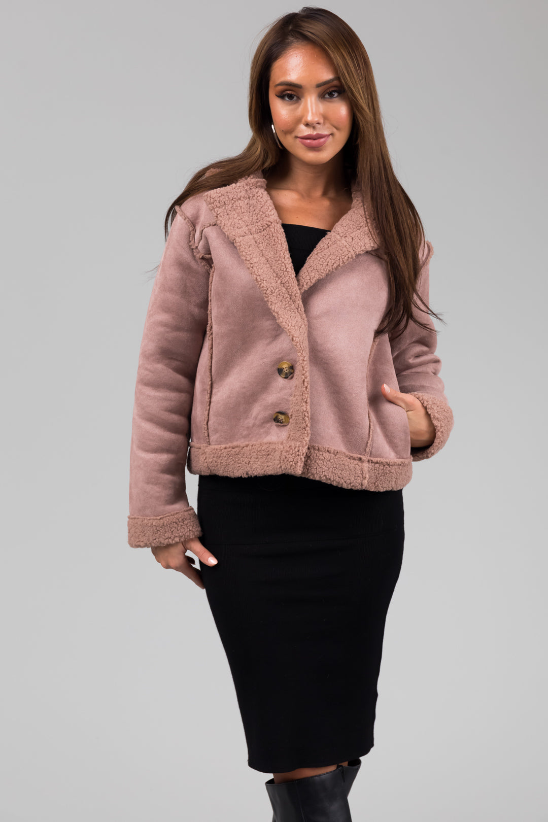 Dusty Rose Faux Suede Sherpa Lined Jacket