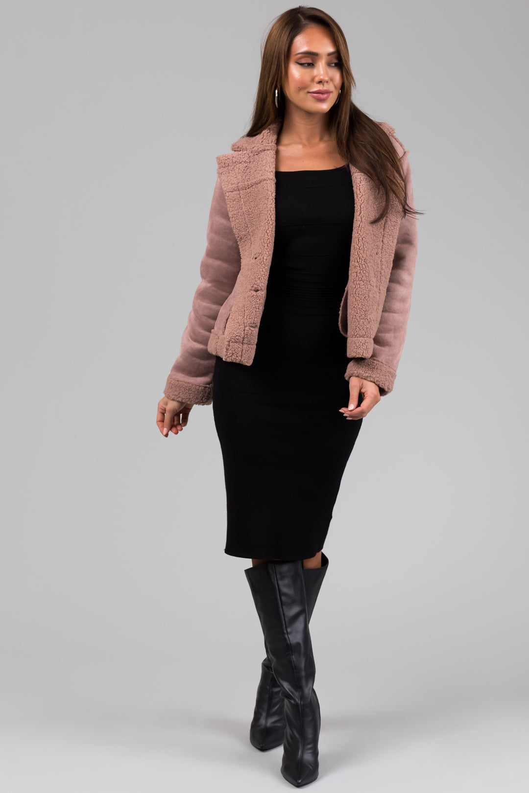 Dusty Rose Faux Suede Sherpa Lined Jacket