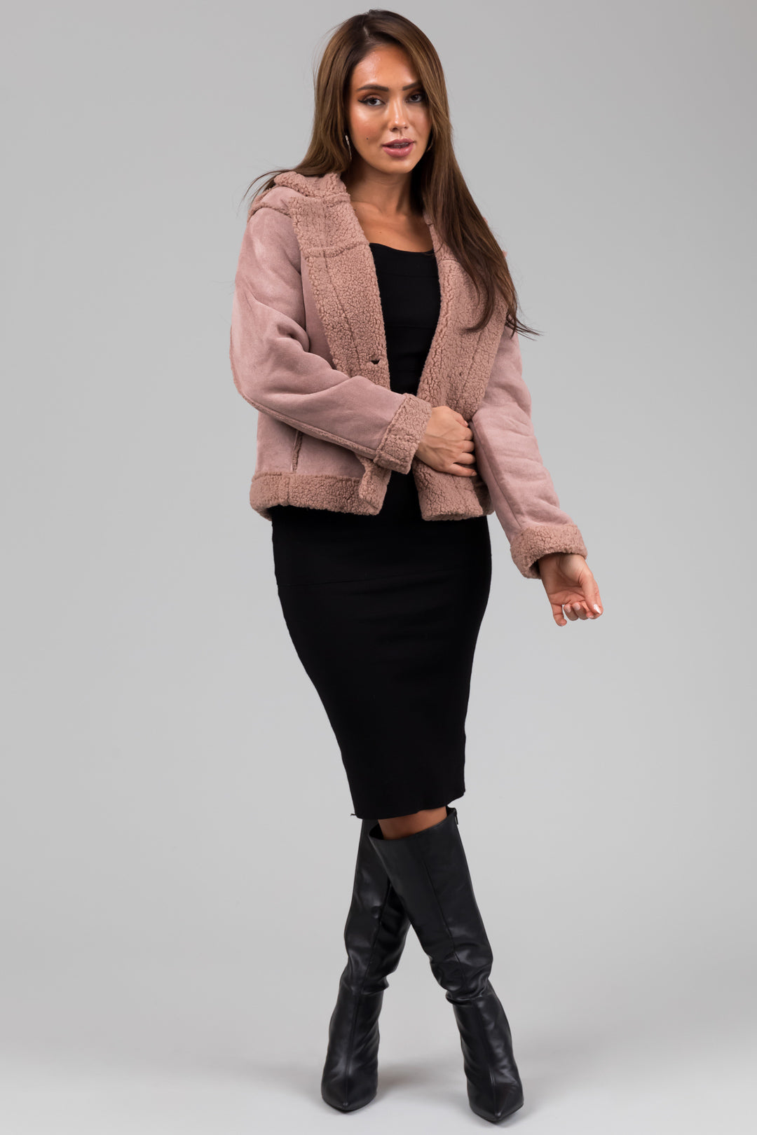 Dusty Rose Faux Suede Sherpa Lined Jacket