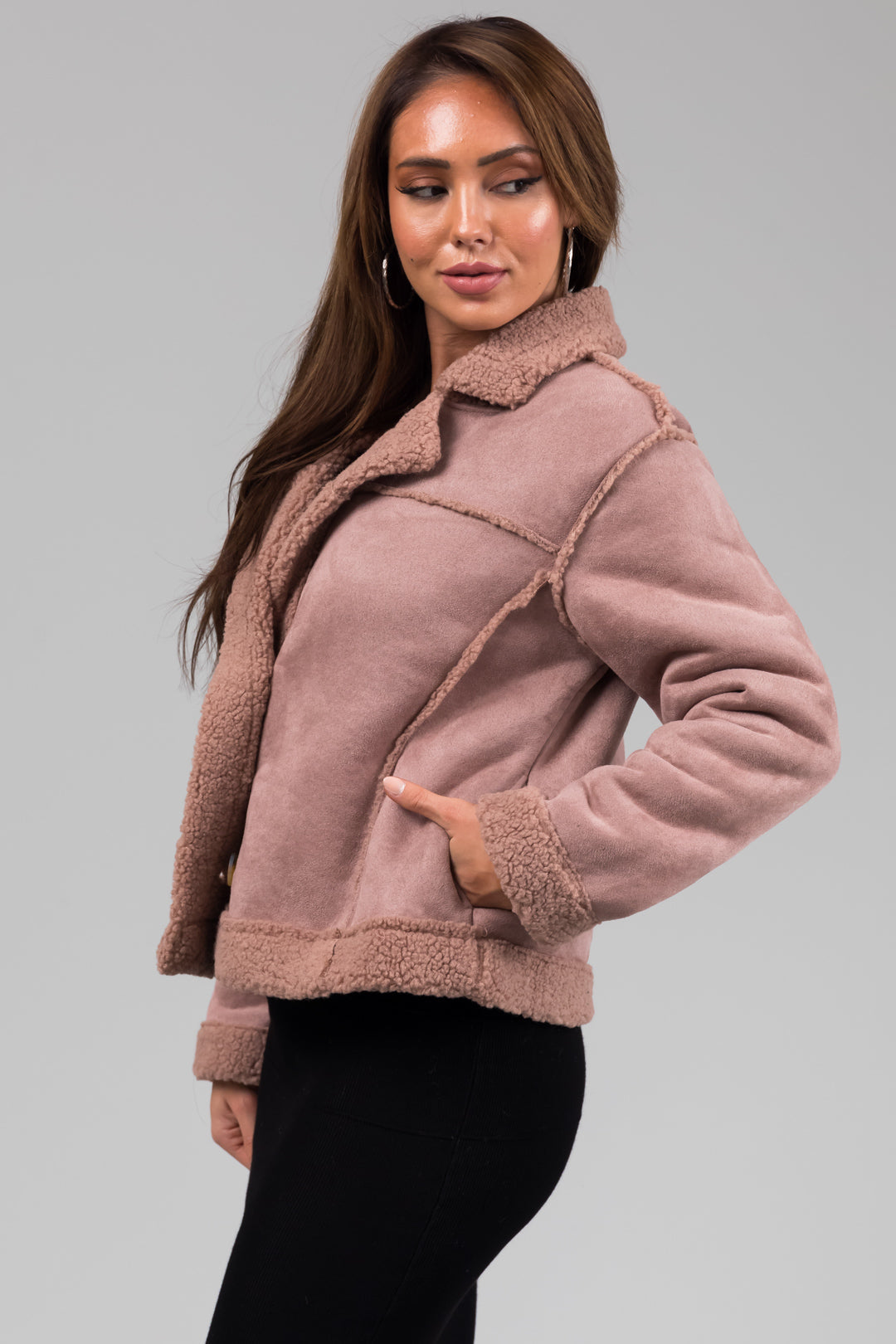 Dusty Rose Faux Suede Sherpa Lined Jacket