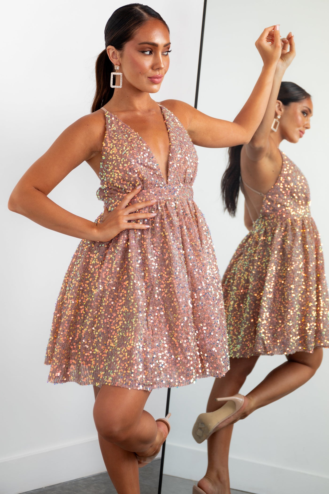 Dusty Rose Sequin Deep V Neck Mini Dress