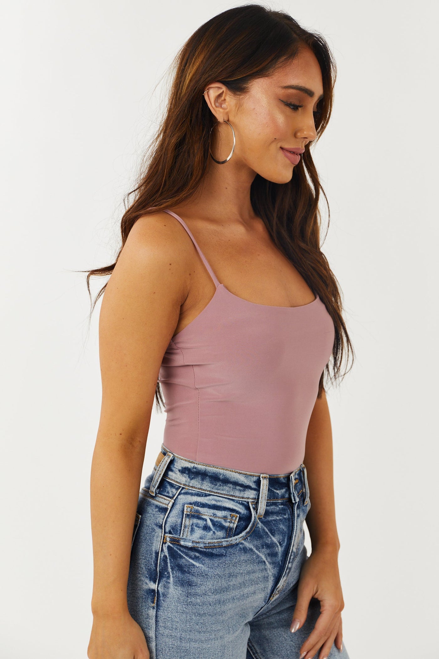 Dusty Rose Spaghetti Strap Scoop Neck Bodysuit