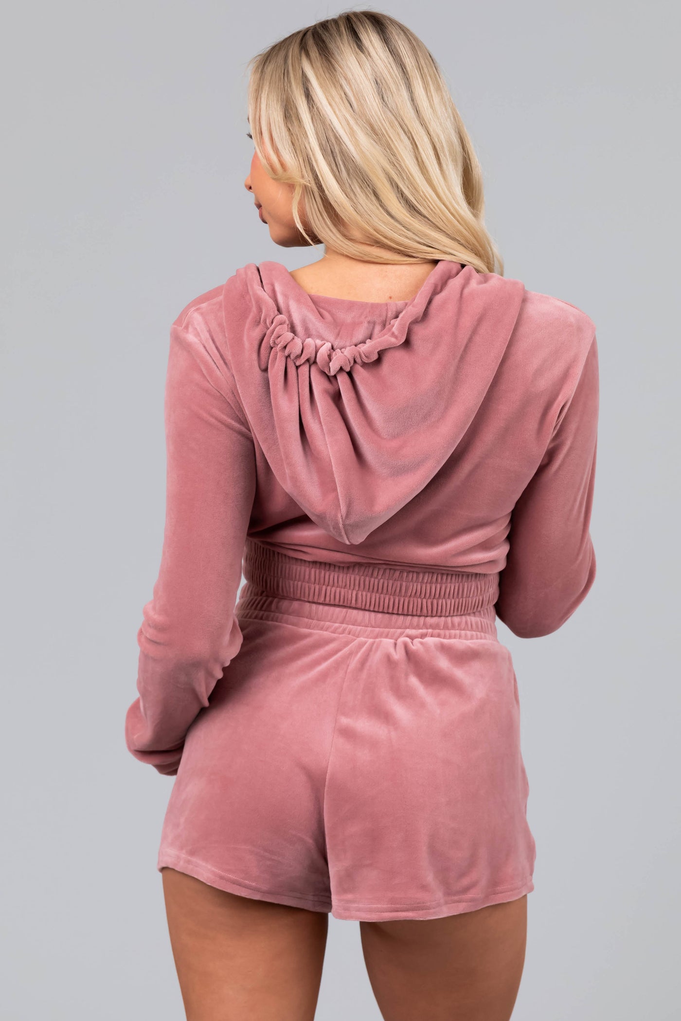 Dusty Rose Velvet Cropped Hoodie and Shorts Set