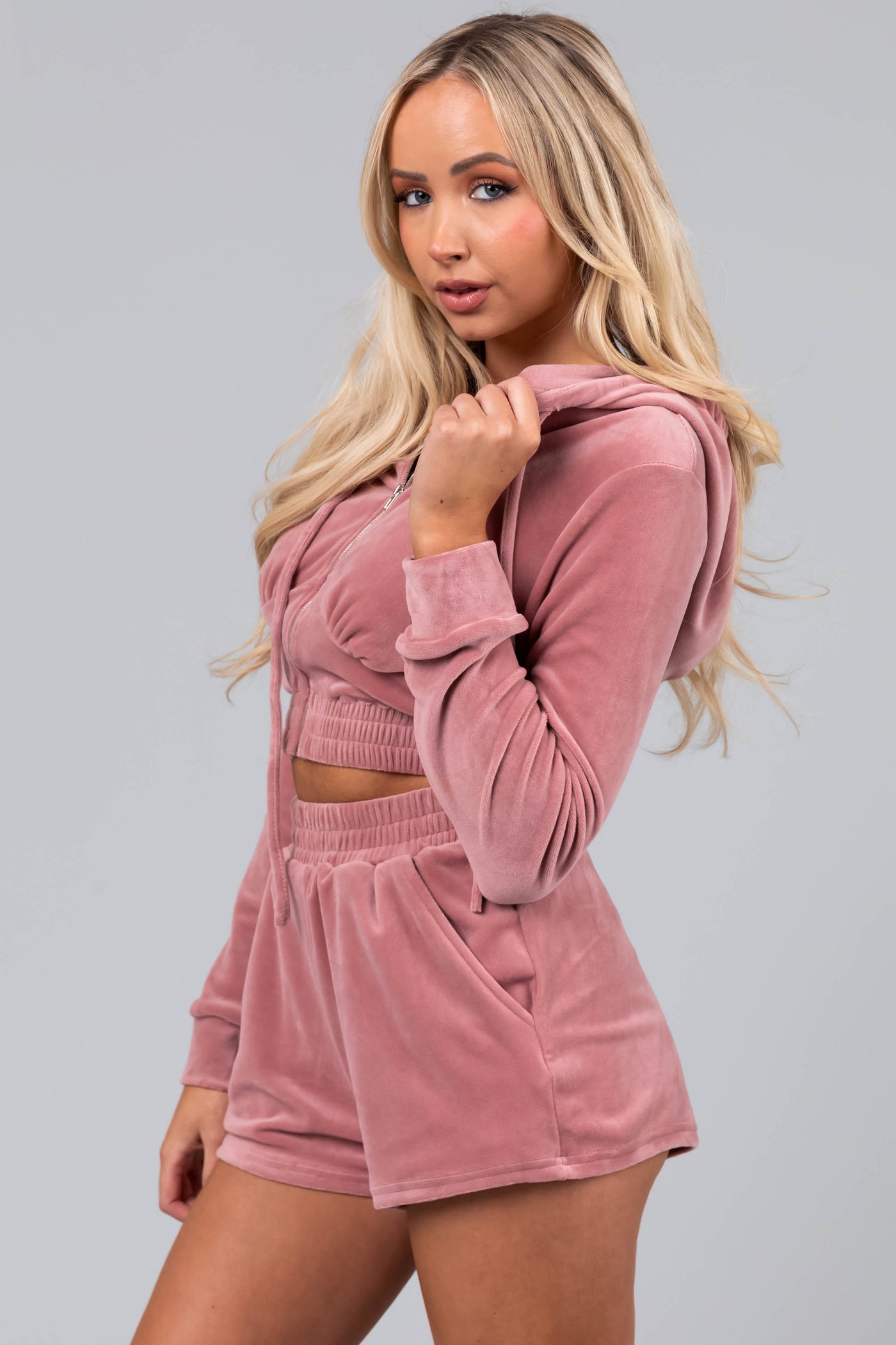 Dusty Rose Velvet Cropped Hoodie and Shorts Set