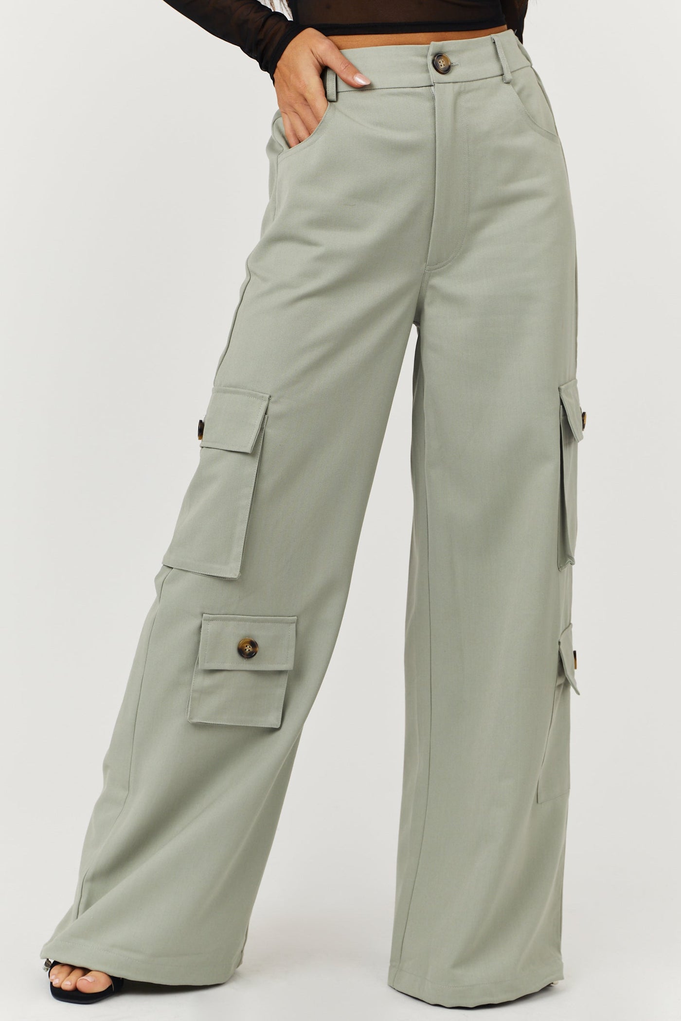 Dusty Sage High Rise Drawstring Wide Leg Cargo Pants