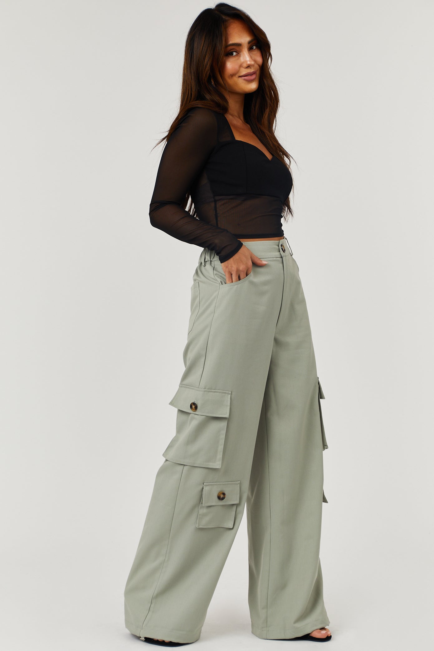 Dusty Sage High Rise Drawstring Wide Leg Cargo Pants