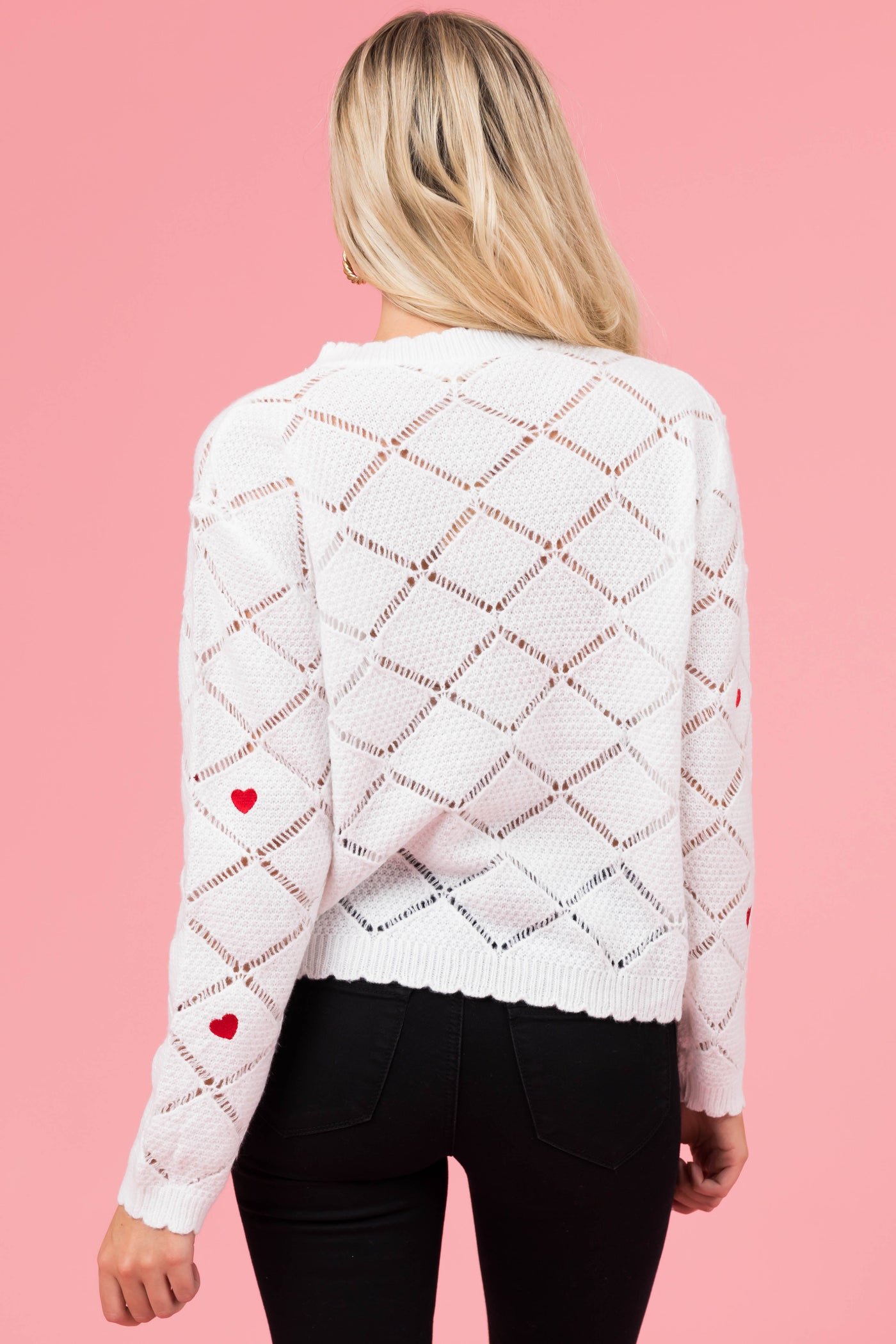 Eggshell Heart Embroidered Crochet Sweater