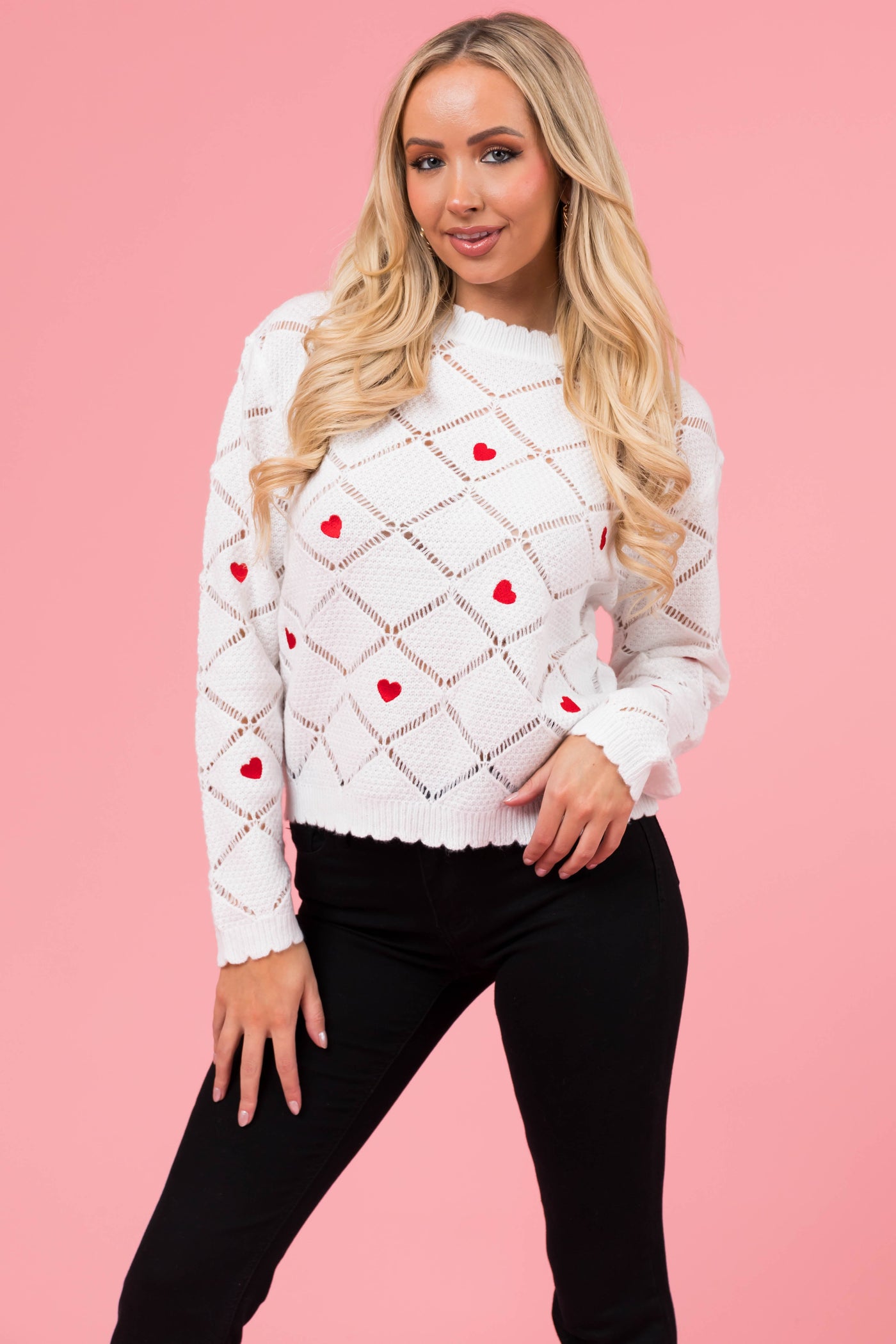 Eggshell Heart Embroidered Crochet Sweater