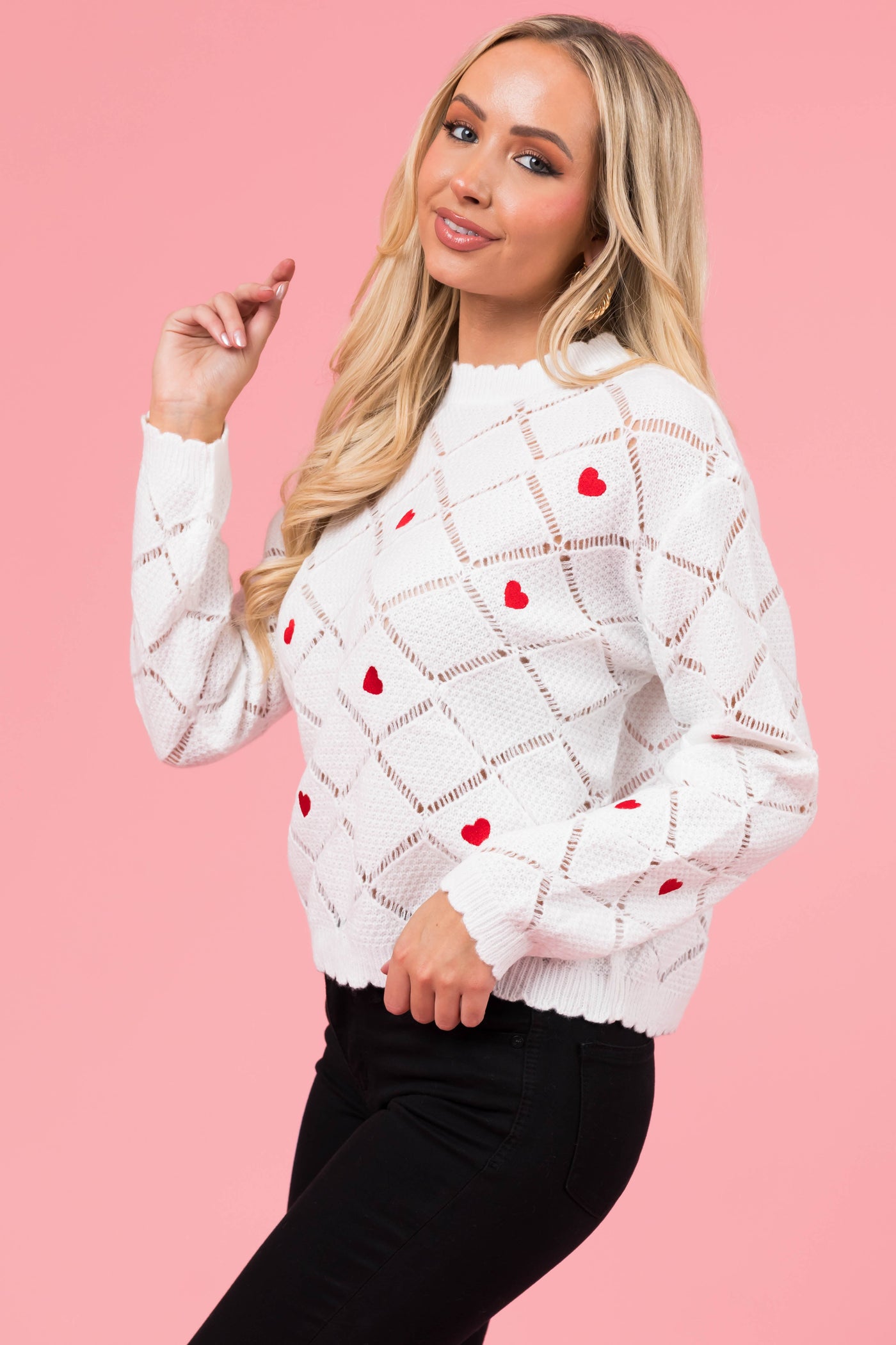 Eggshell Heart Embroidered Crochet Sweater