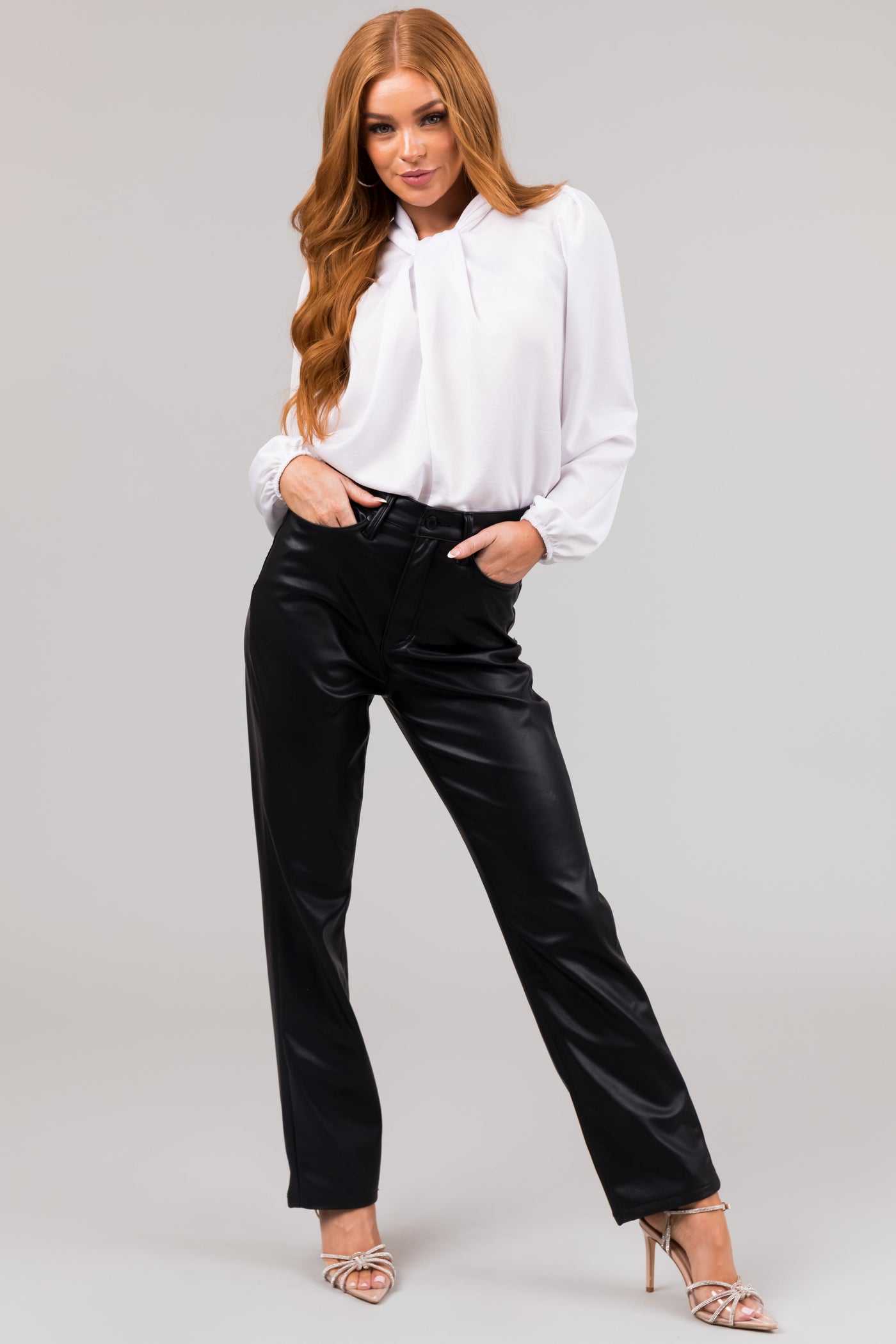 Eggshell Satin Faux Tie Front Blouse