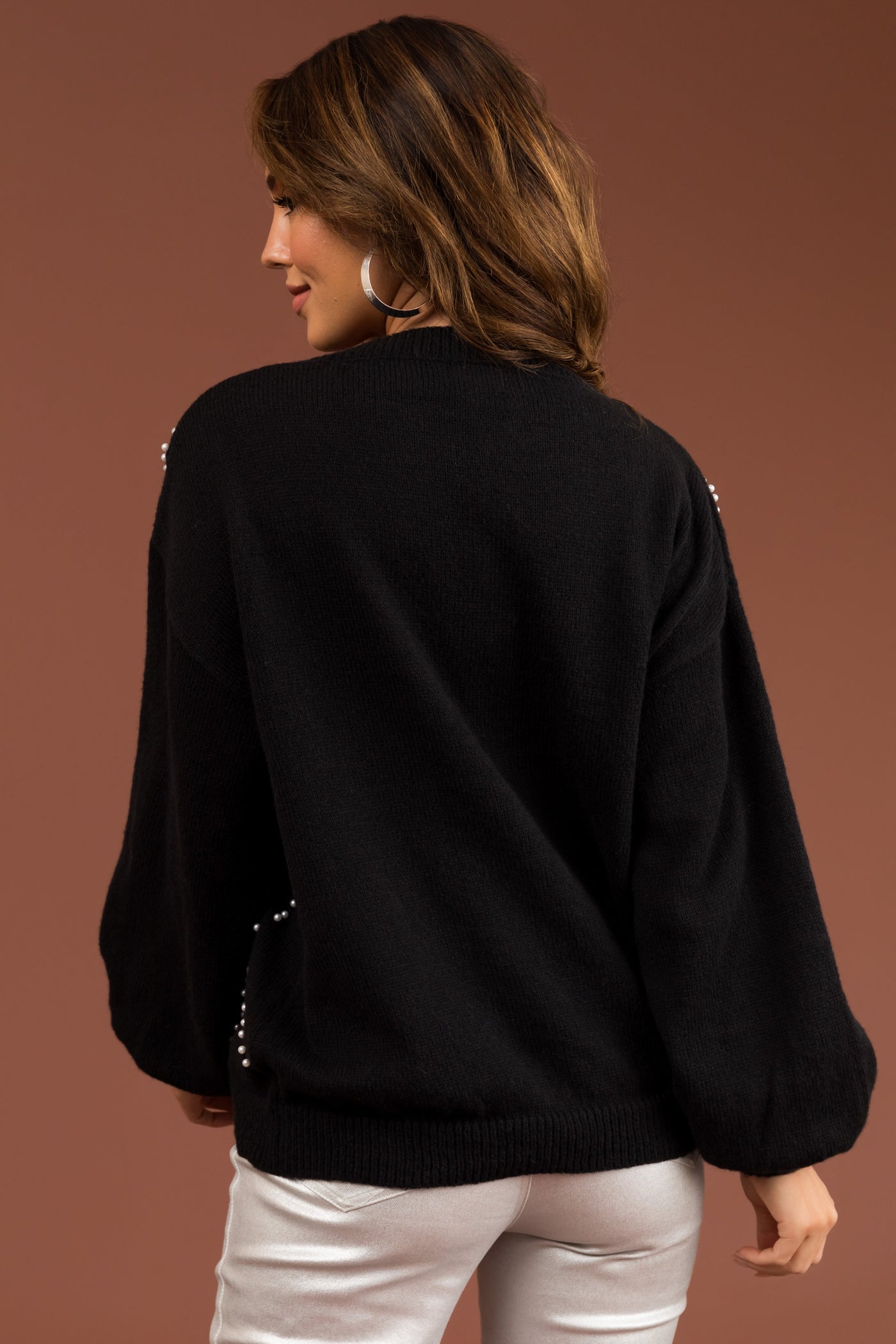 Ellie Black Diamond Pattern Pearl Beaded Sweater