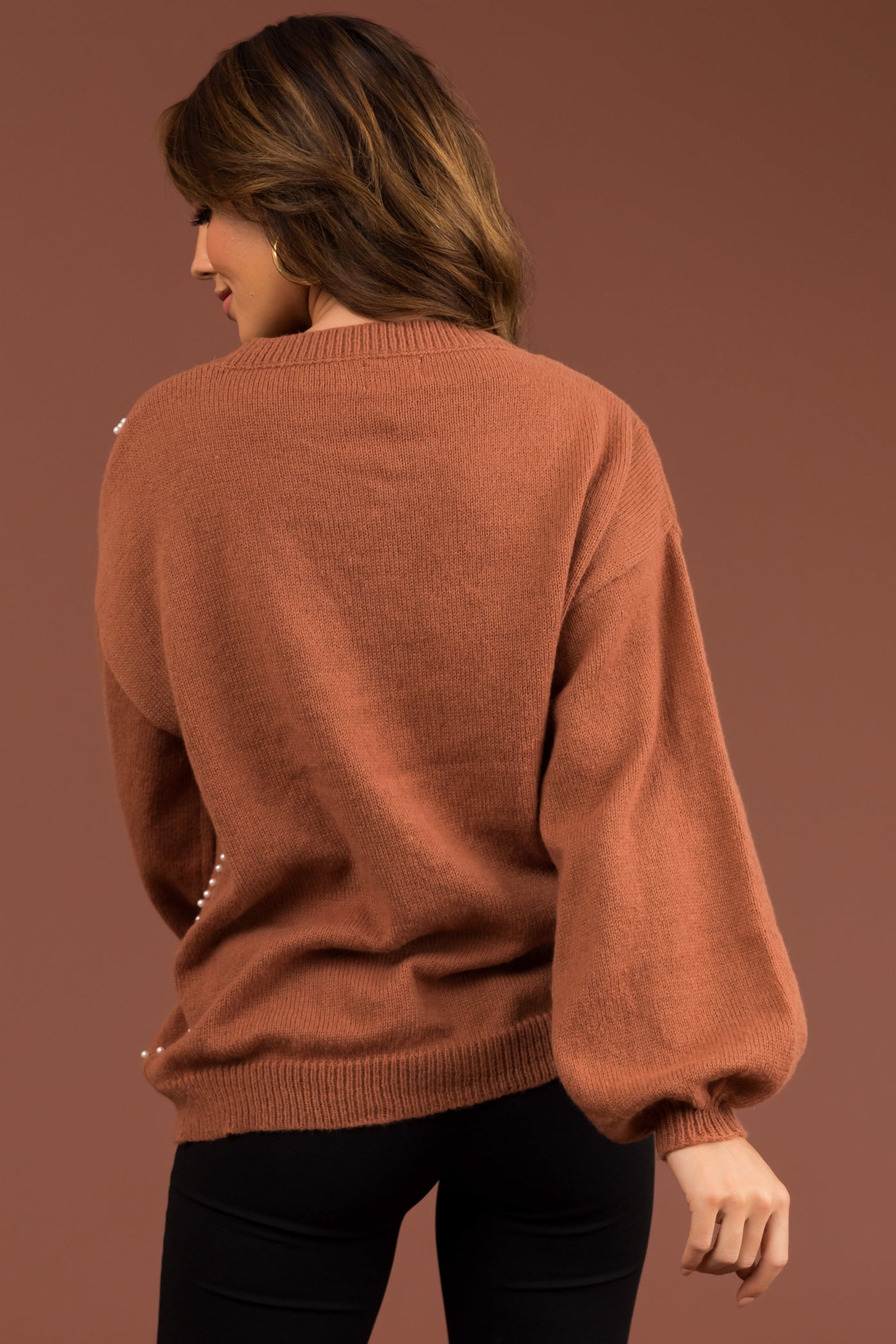 Ellie Cognac Diamond Pattern Pearl Beaded Sweater