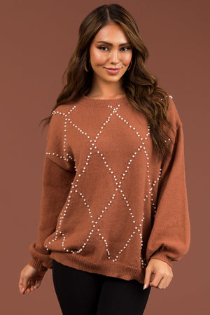 Ellie Cognac Diamond Pattern Pearl Beaded Sweater