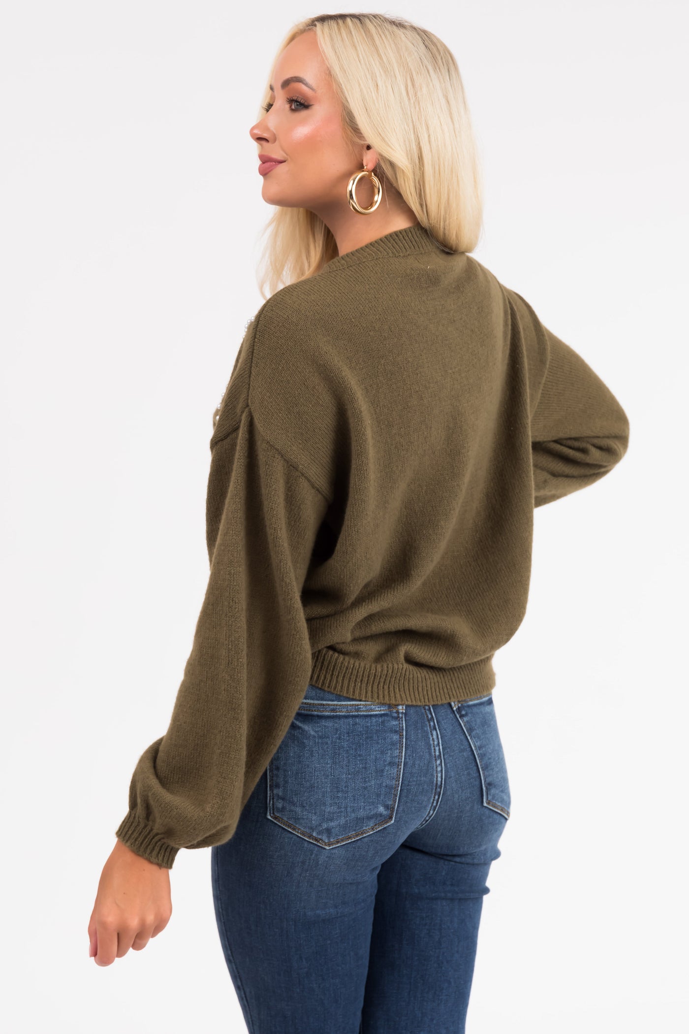 Ellie Olive Diamond Pattern Pearl Beaded Sweater