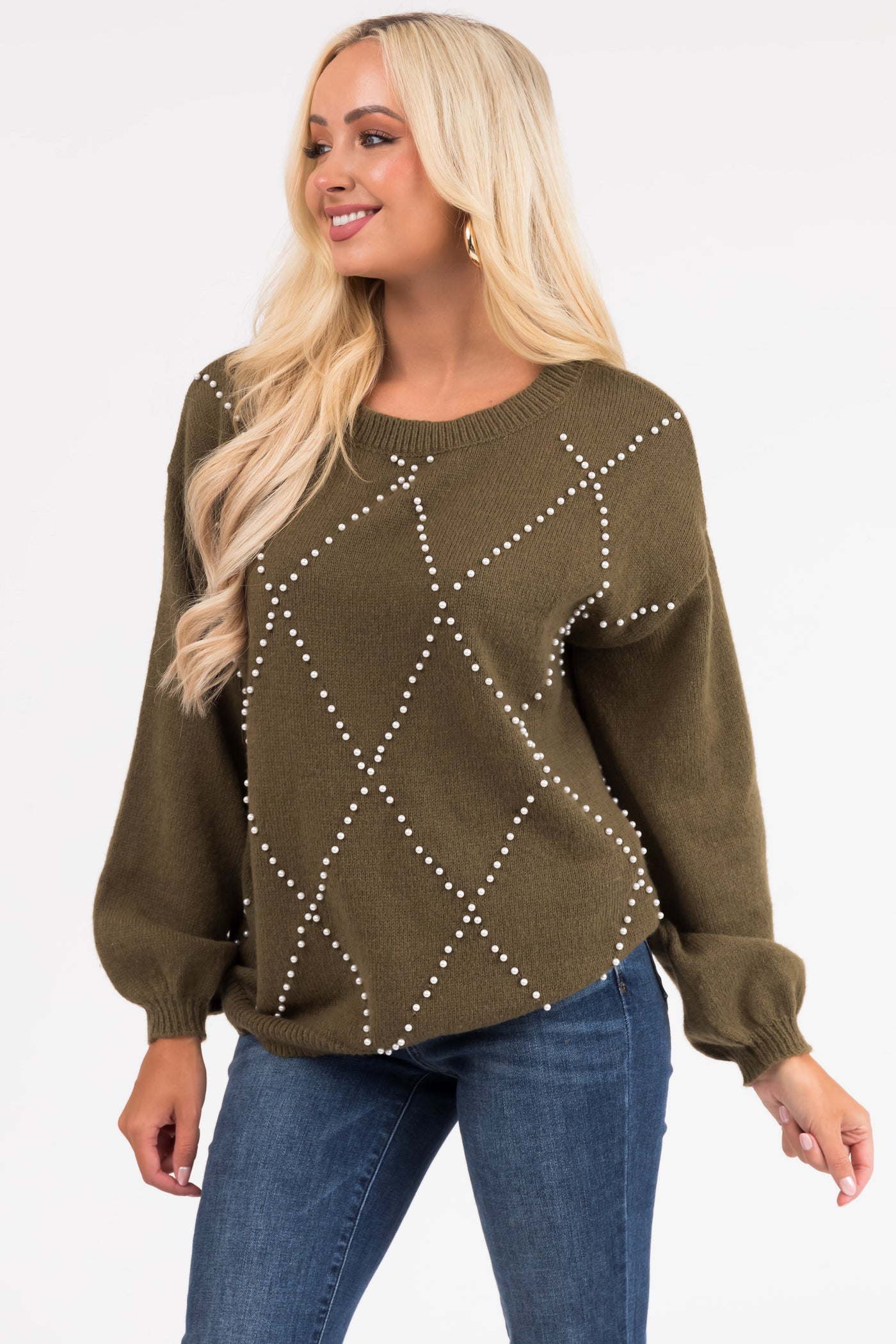 Ellie Olive Diamond Pattern Pearl Beaded Sweater