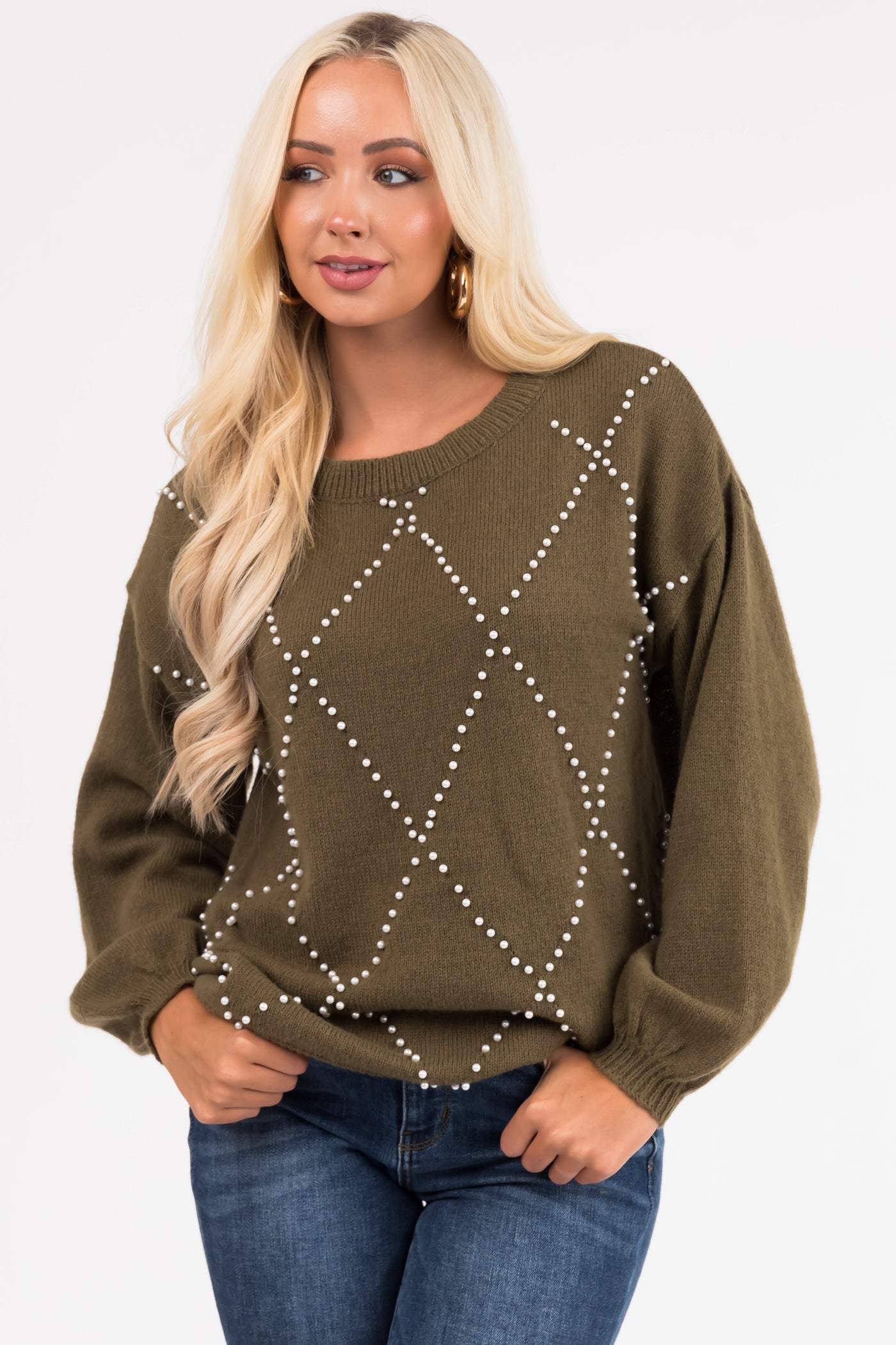 Ellie Olive Diamond Pattern Pearl Beaded Sweater
