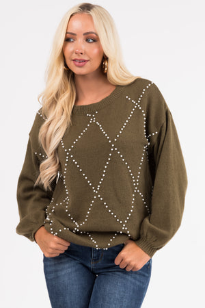 Ellie Olive Diamond Pattern Pearl Beaded Sweater