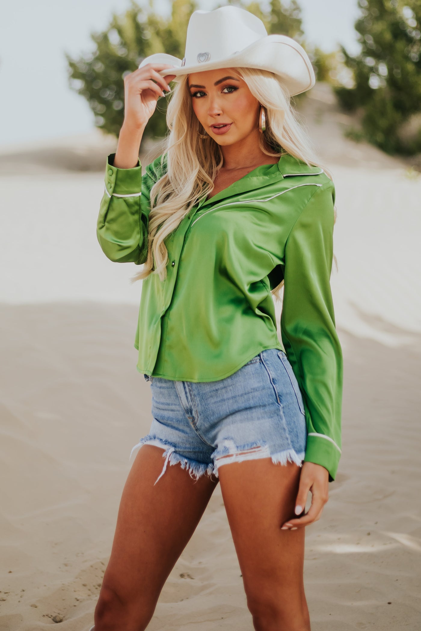 Emerald Green Long Sleeve Collared Button Up Satin Top