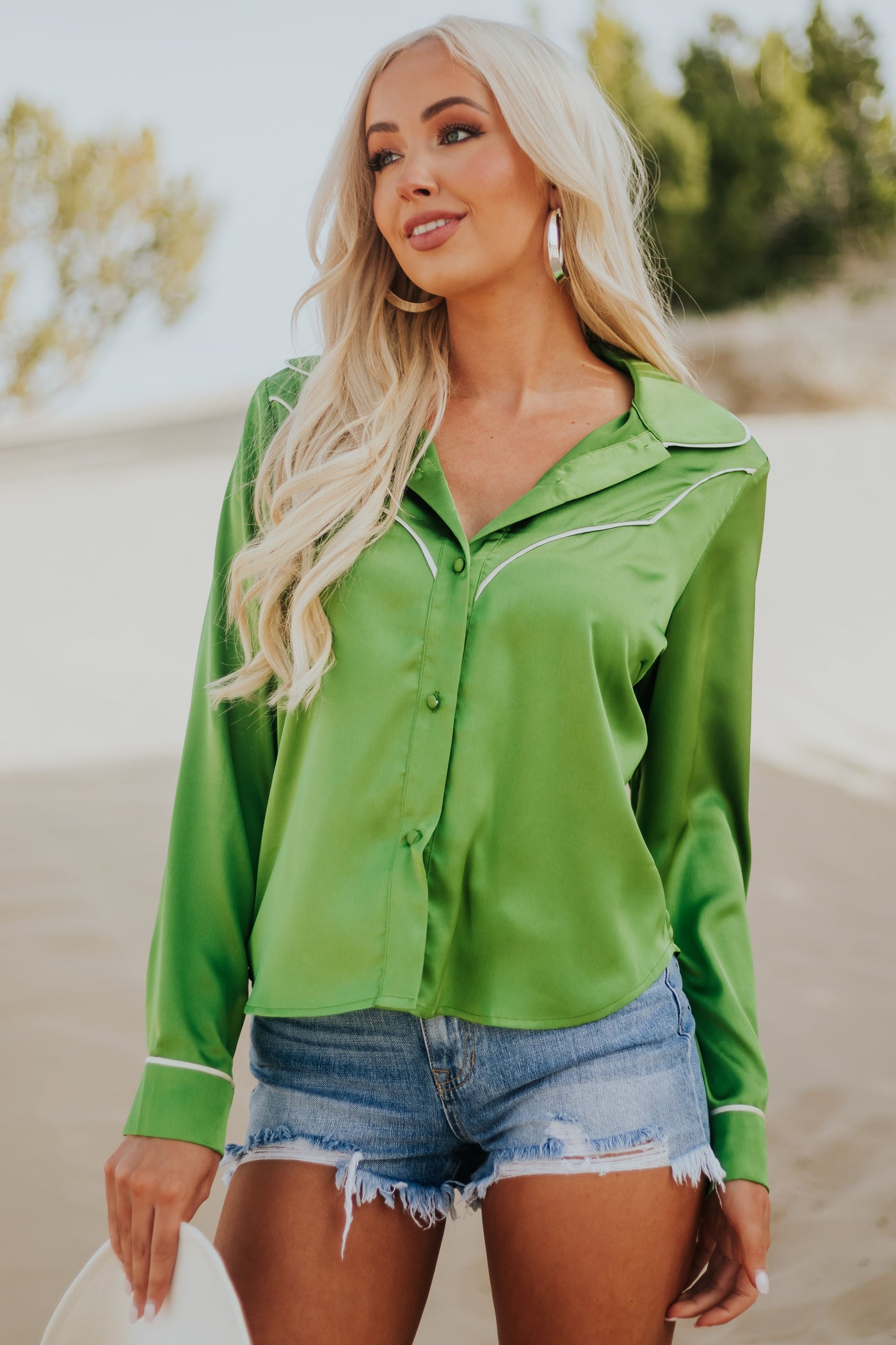Emerald Green Long Sleeve Collared Button Up Satin Top
