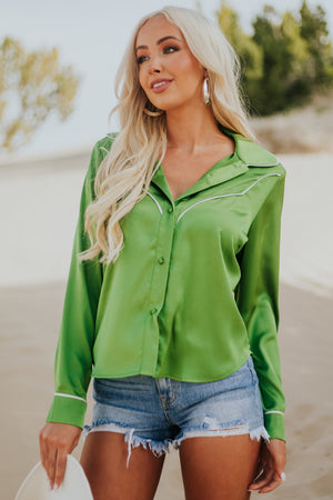 Emerald Green Long Sleeve Collared Button Up Satin Top