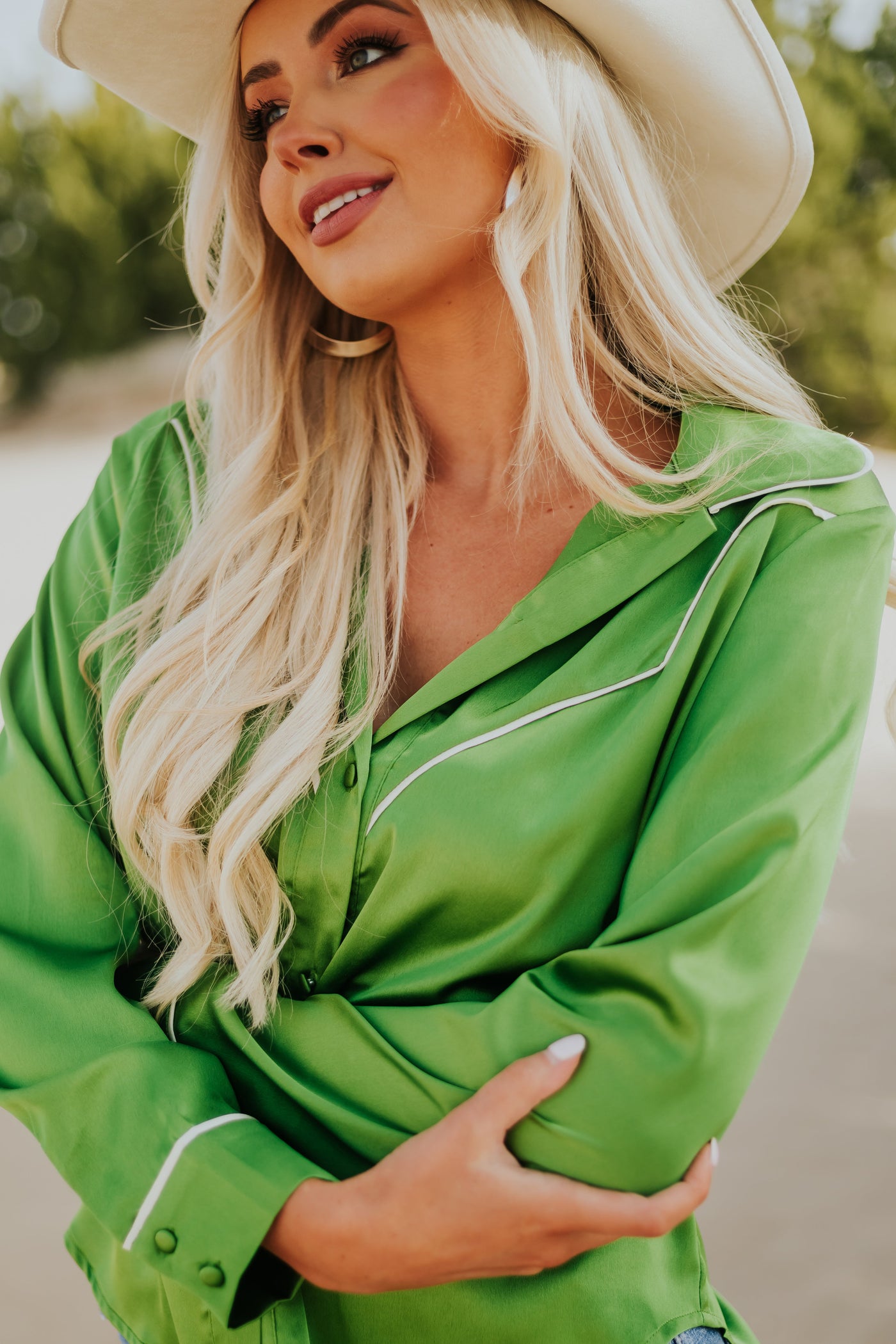 Emerald Green Long Sleeve Collared Button Up Satin Top