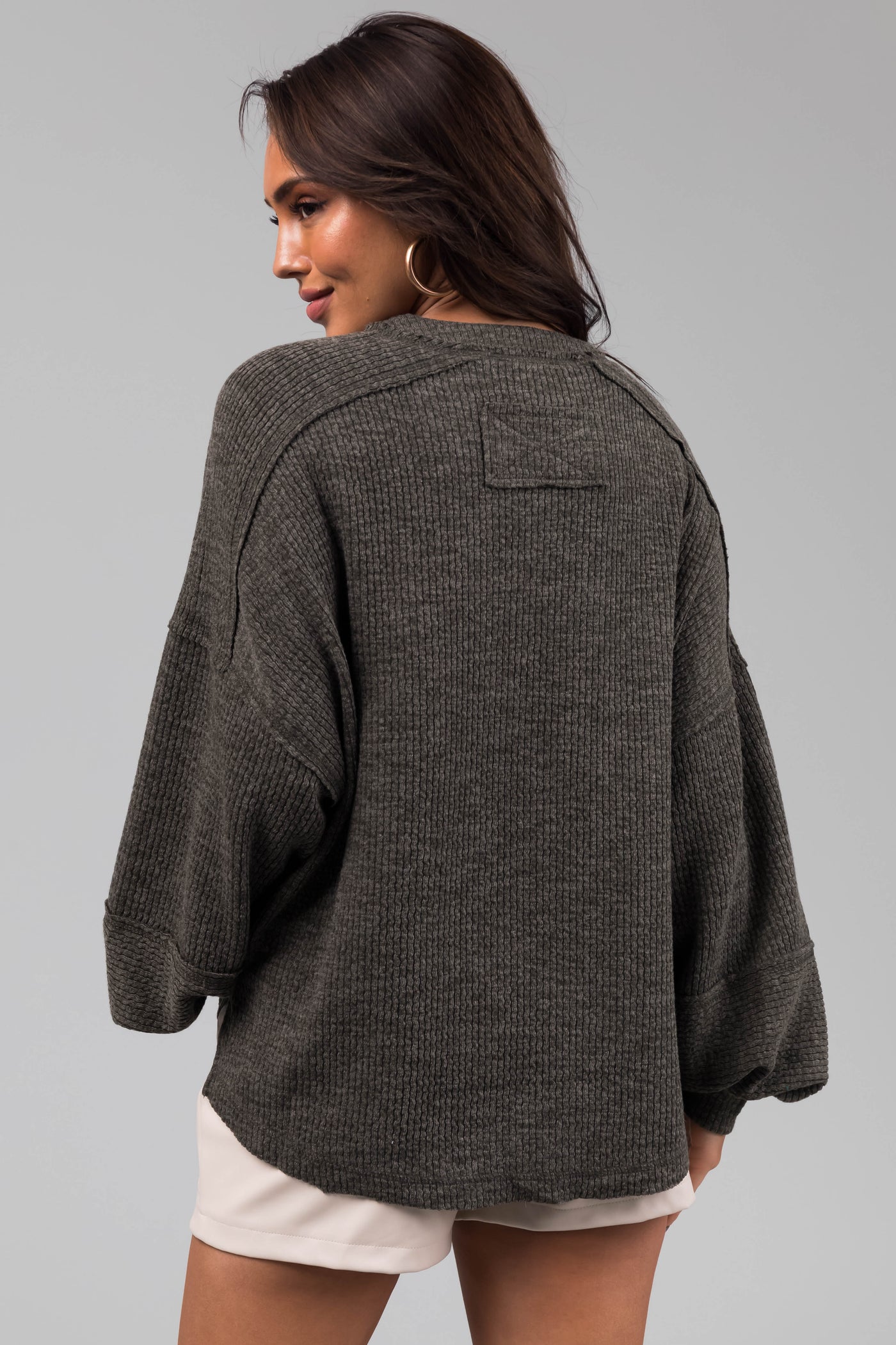 Faded Olive Bubble Sleeve Ribbed Henley Sweater