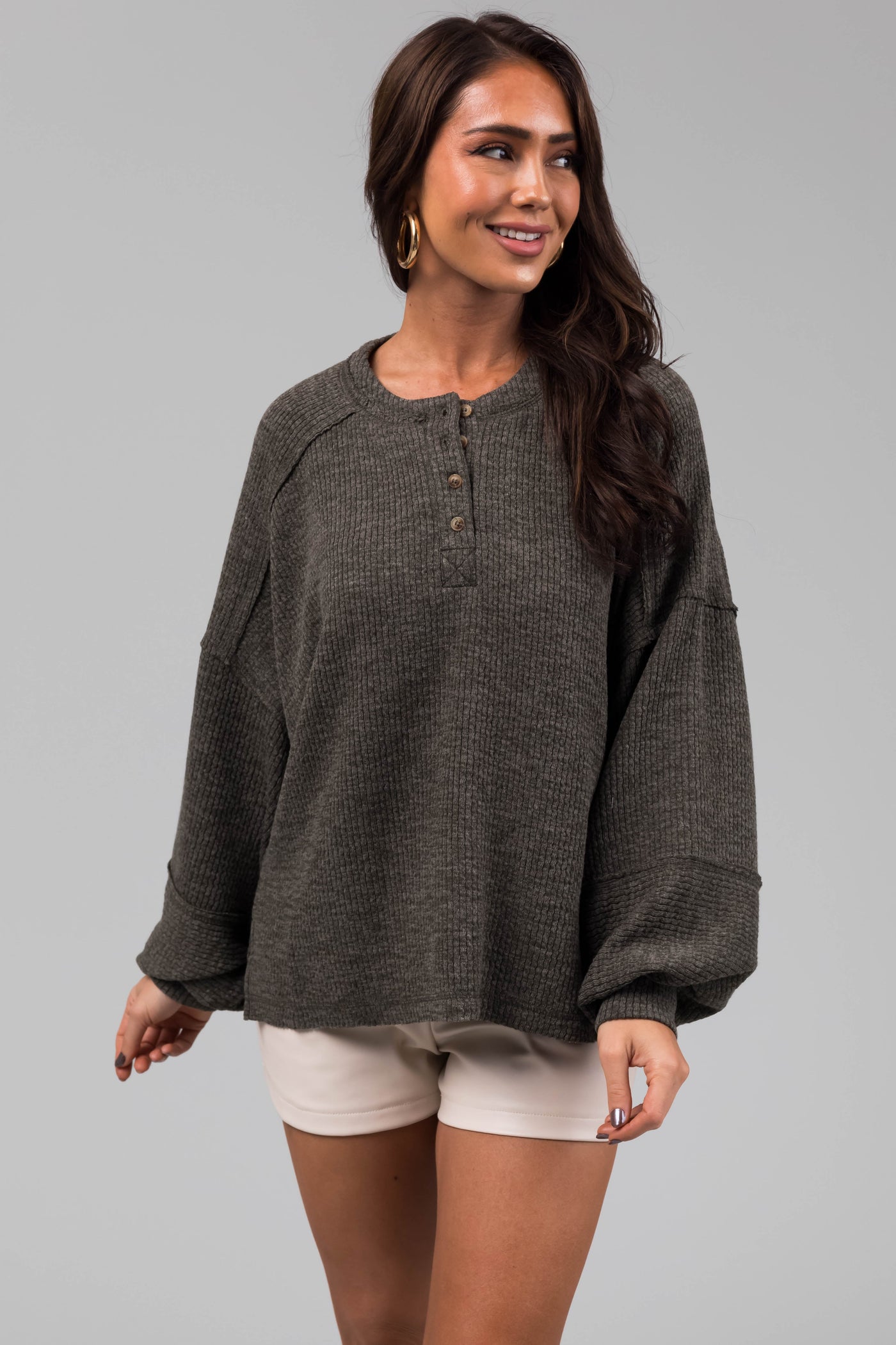 Faded Olive Bubble Sleeve Ribbed Henley Sweater