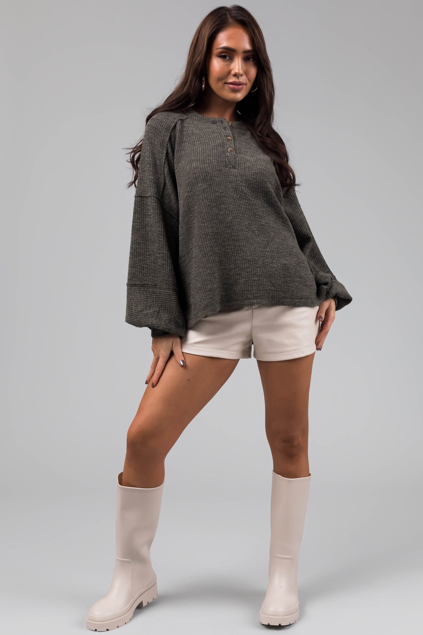 Faded Olive Bubble Sleeve Ribbed Henley Sweater