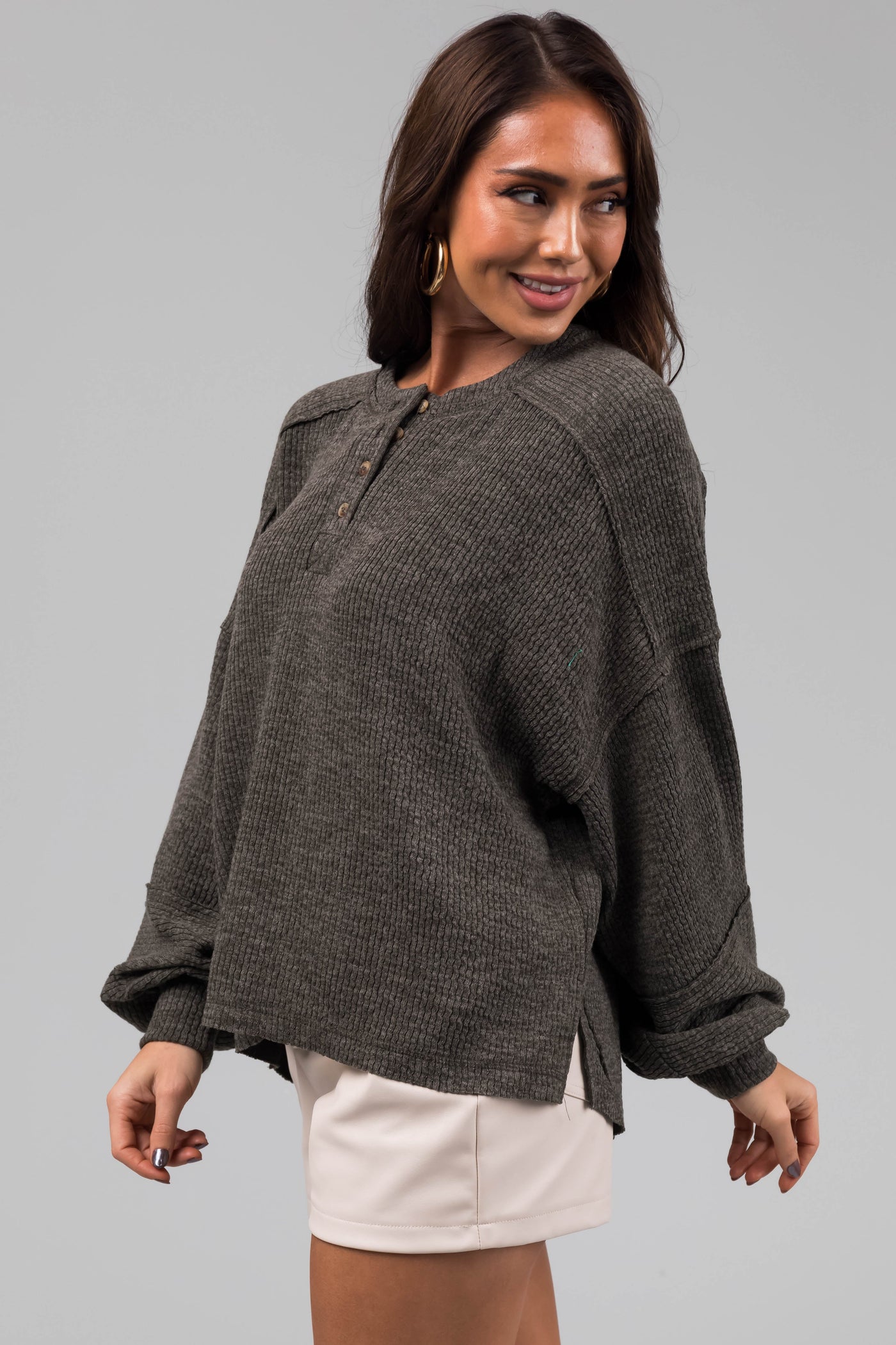 Faded Olive Bubble Sleeve Ribbed Henley Sweater