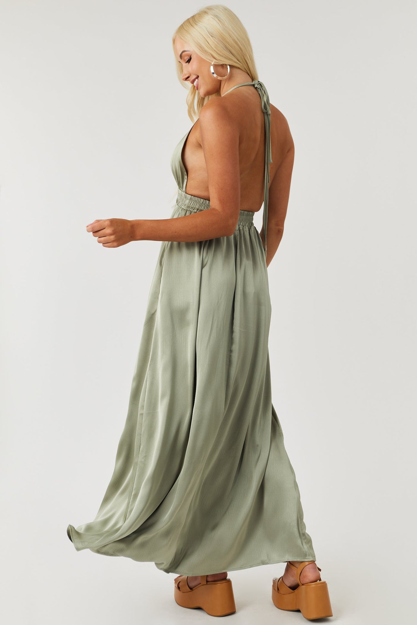Faded Sage Plunging Neck Front Slit Maxi Dress