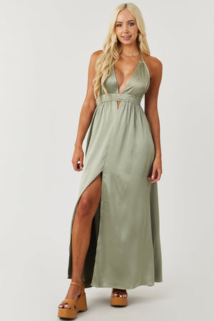 Faded Sage Plunging Neck Front Slit Maxi Dress