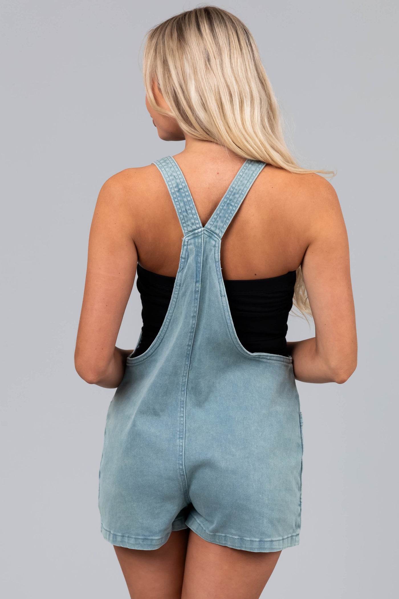 Faded Teal Knotted Straps Denim Romper