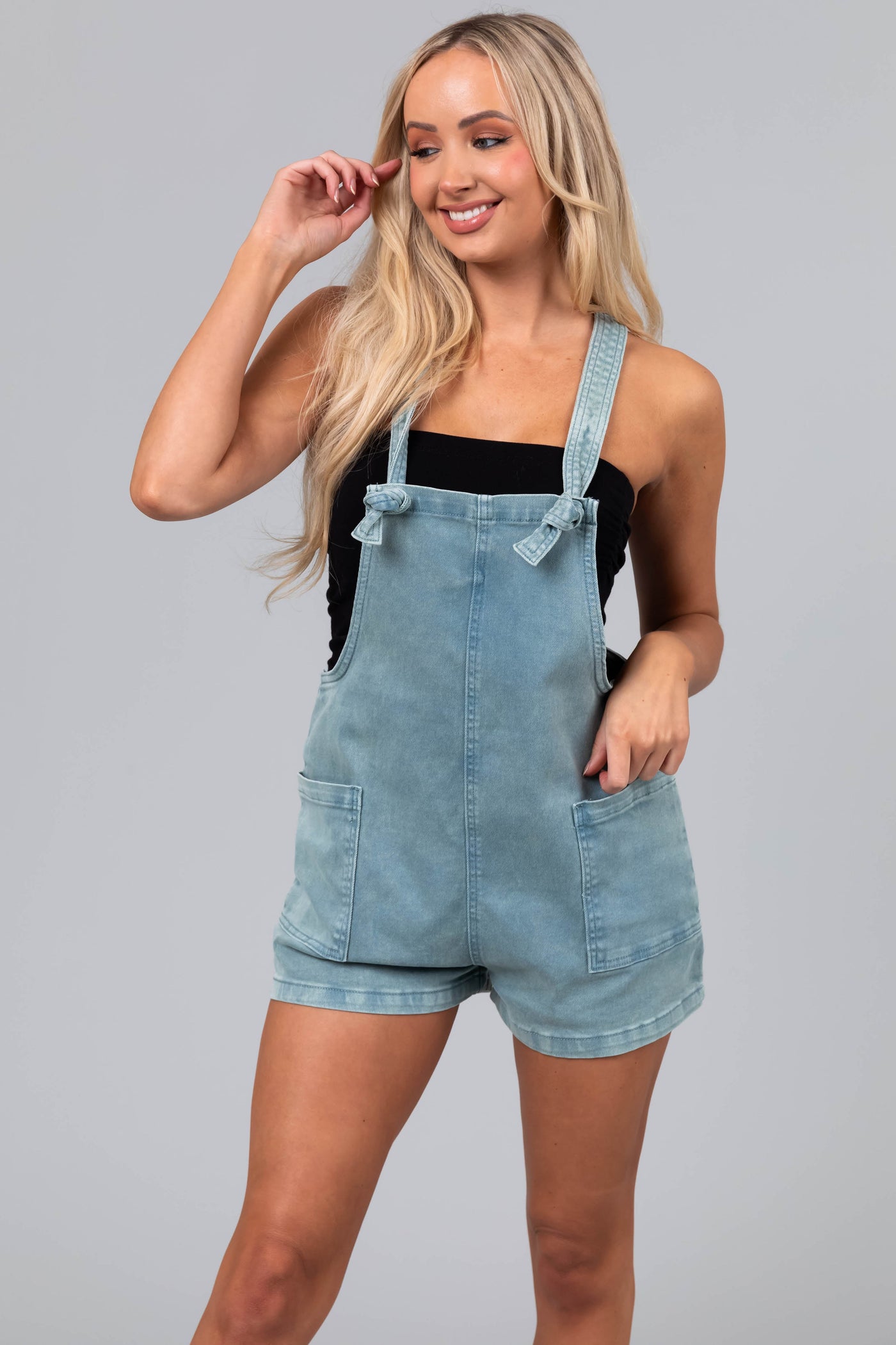 Faded Teal Knotted Straps Denim Romper
