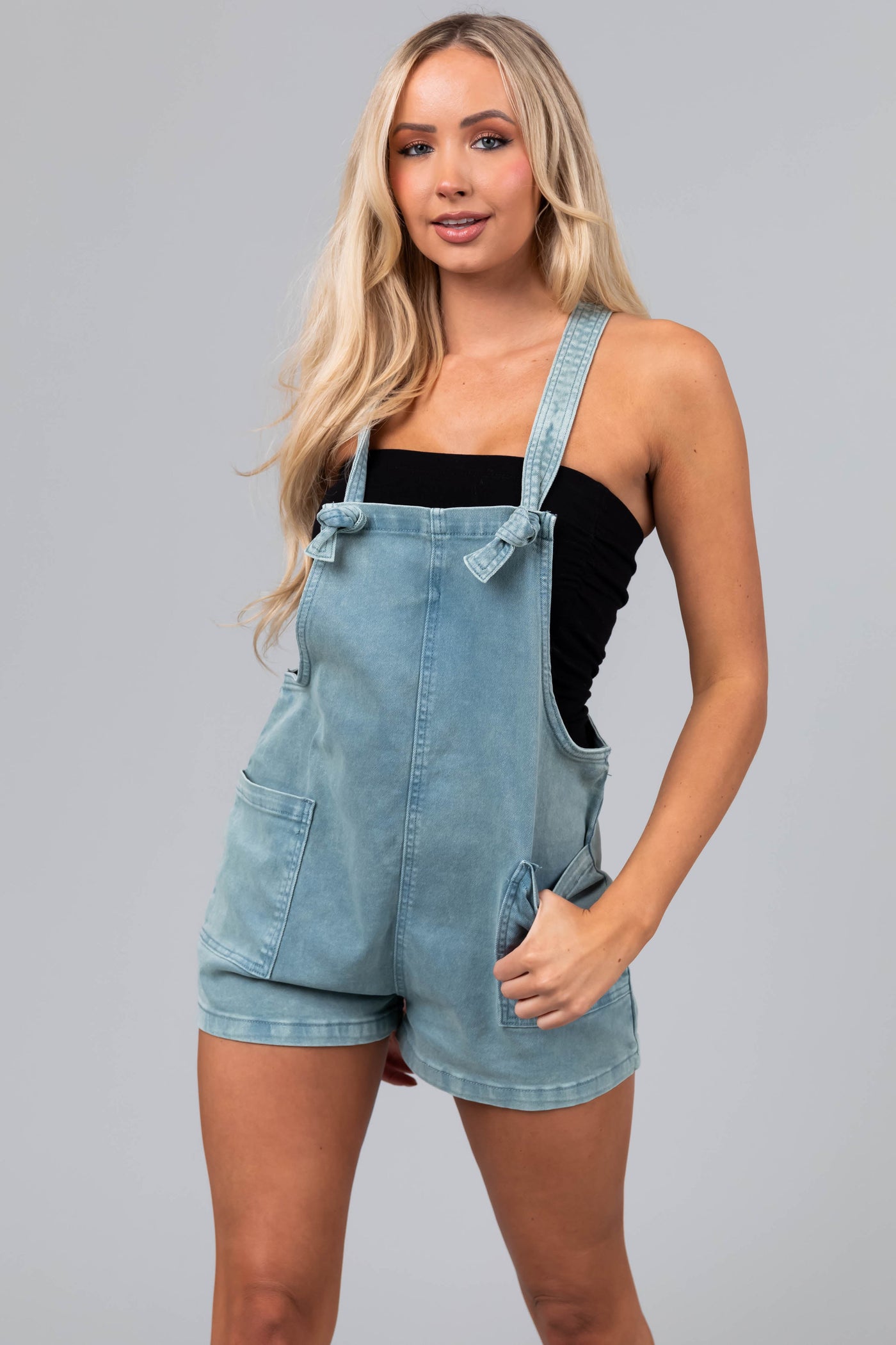 Faded Teal Knotted Straps Denim Romper