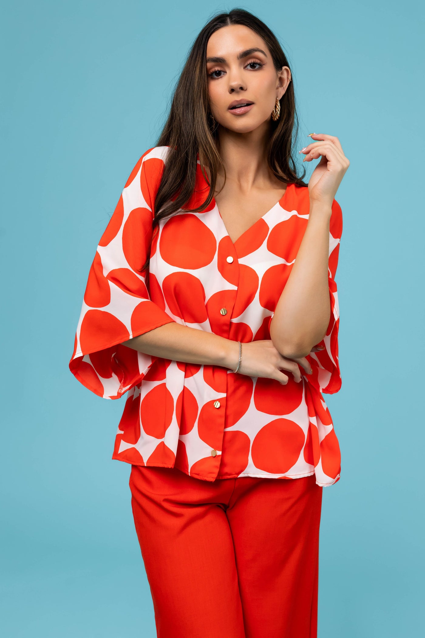 Fire Dot Print V Neck Oversized Blouse