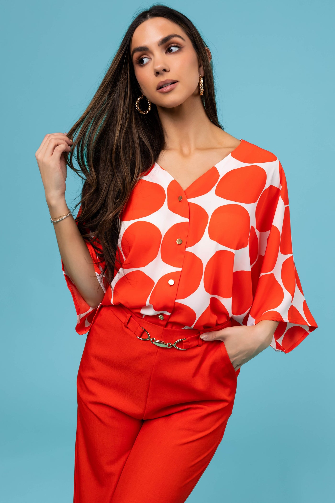 Fire Dot Print V Neck Oversized Blouse